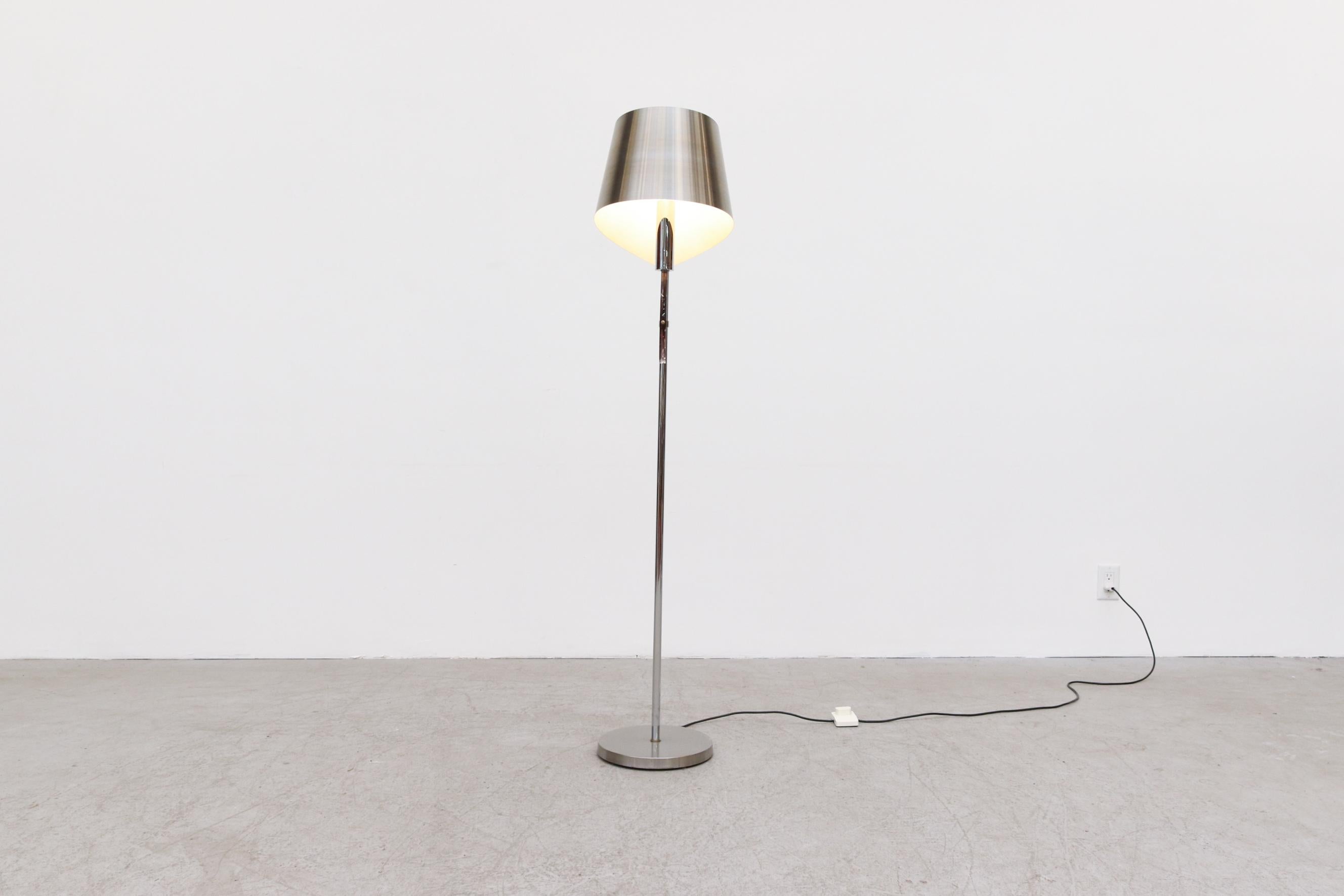 Maison Charles floor lamp with stunning brushed aluminum shade and organic shaped smoke Acrylic accent. Adjustable height. Pole is 55.75. In original condition with wear consistent with age and use.