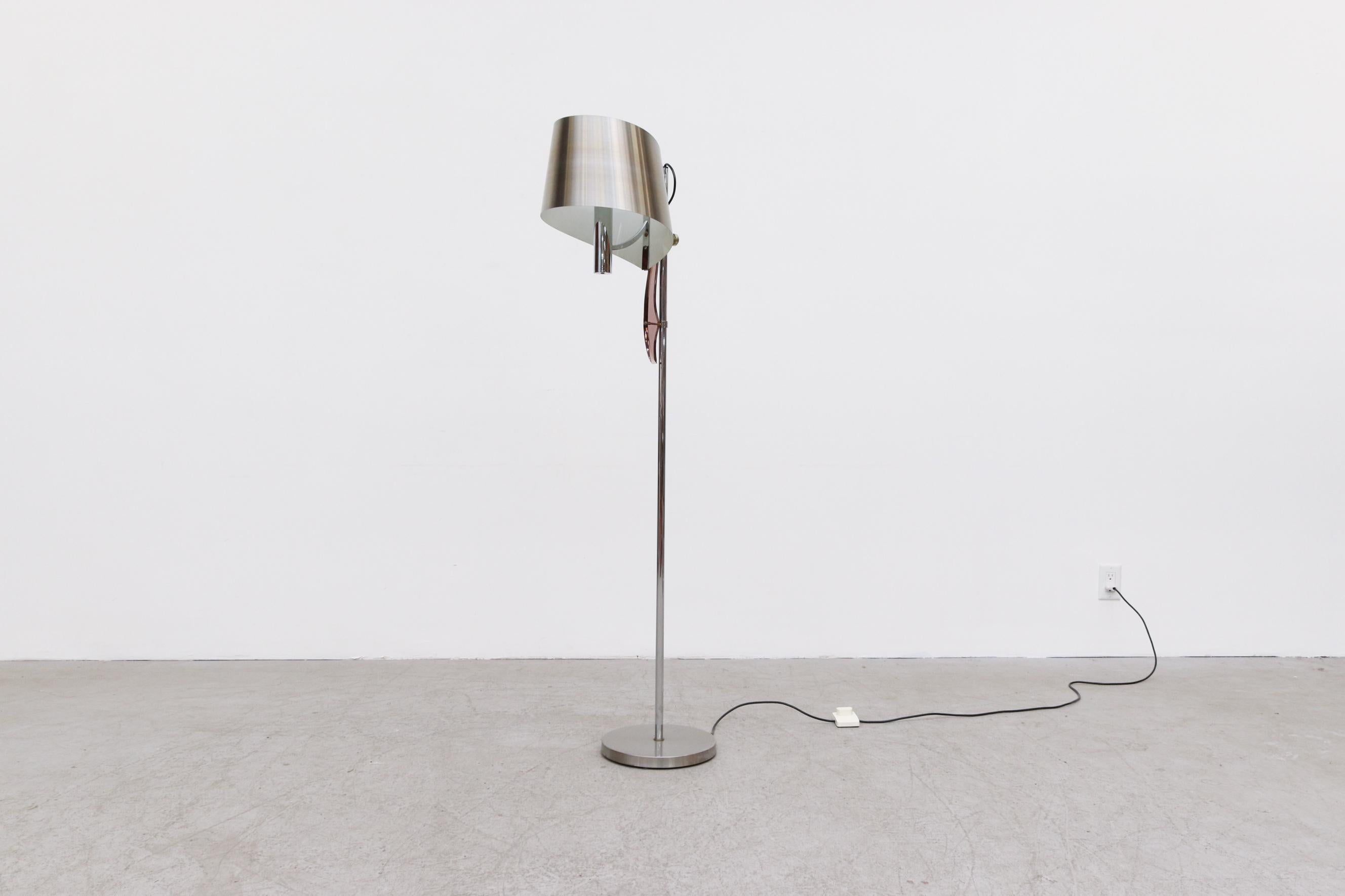 Mid-Century Modern Maison Charles 1970's Brushed Aluminum Floor Lamp with Smoked Acrylic Accent For Sale