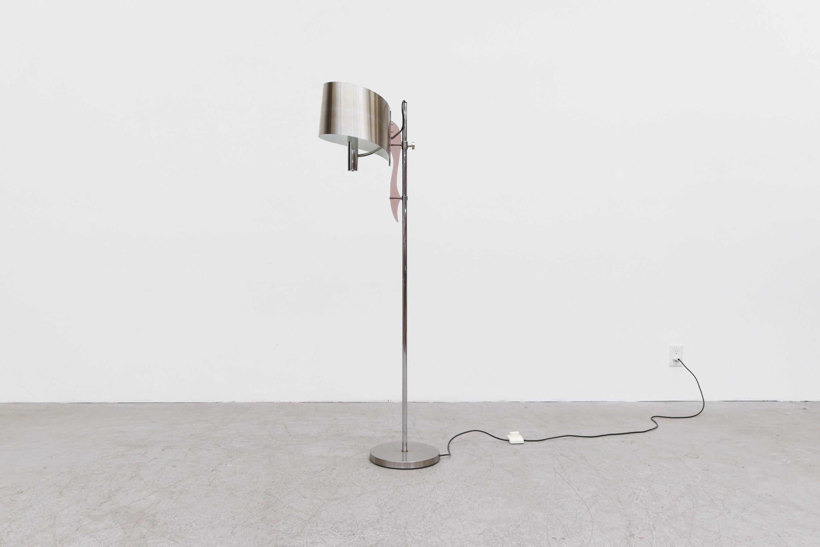 French Maison Charles 1970's Brushed Aluminum Floor Lamp with Smoked Acrylic Accent For Sale