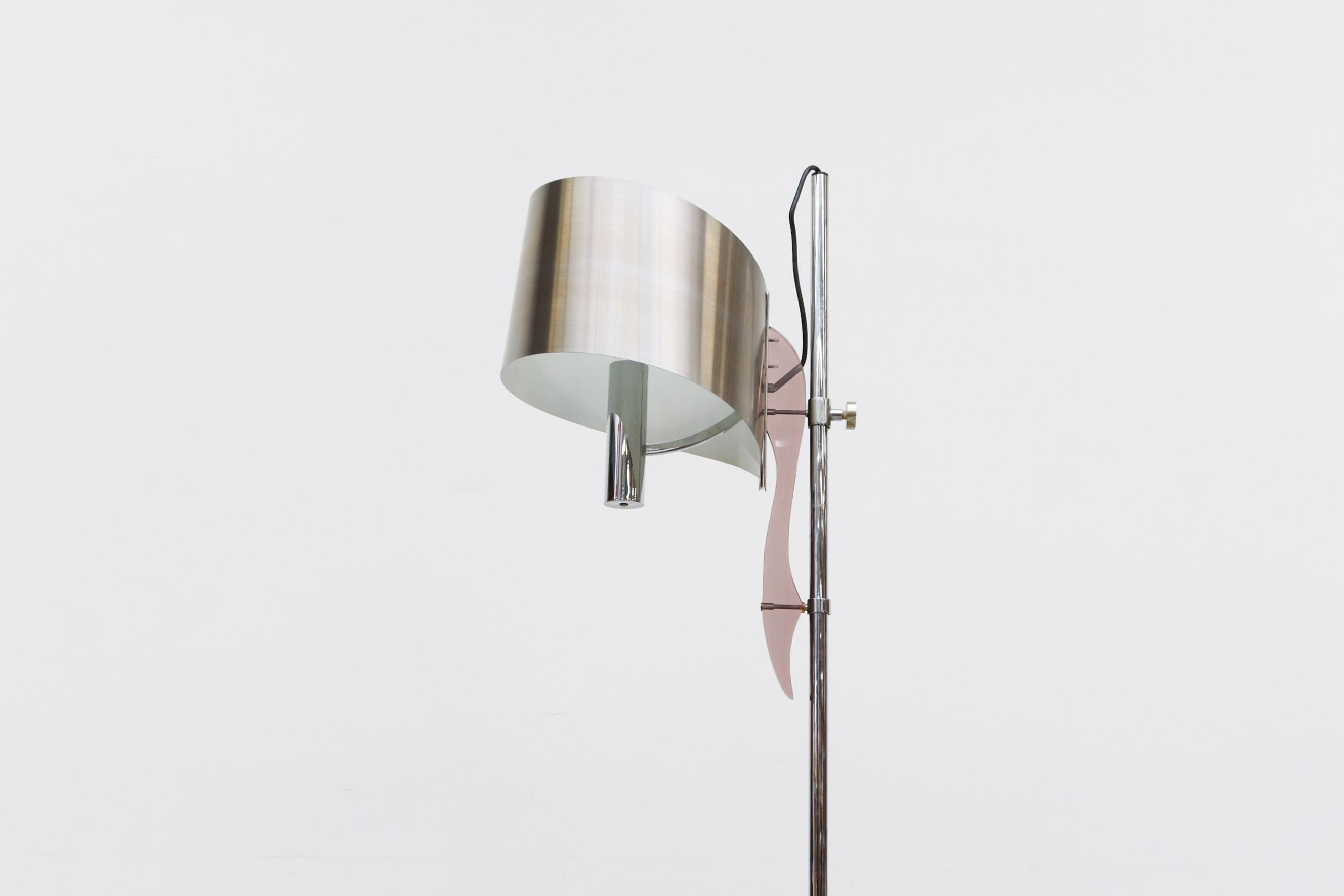 Late 20th Century Maison Charles 1970's Brushed Aluminum Floor Lamp with Smoked Acrylic Accent For Sale
