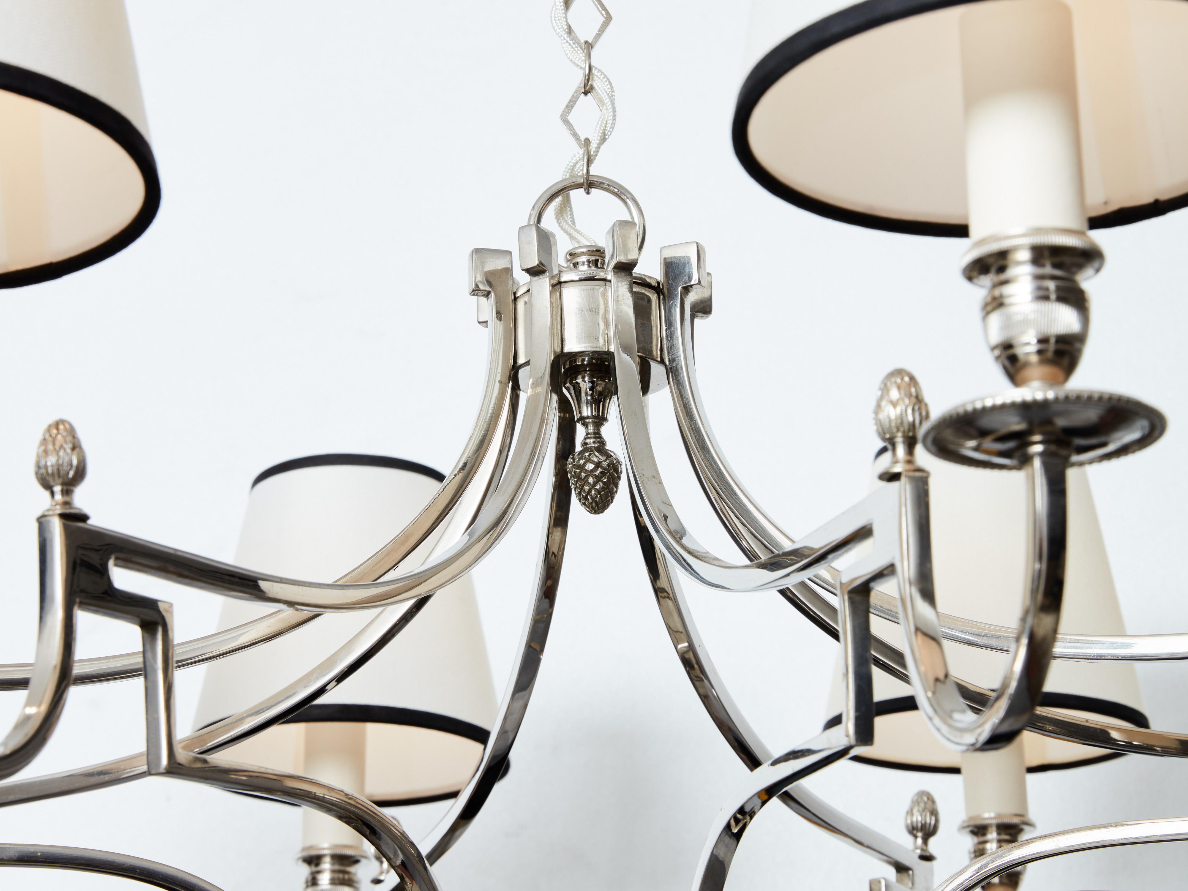 French Maison Charles 8 lights nickel metal chandelier 1960s For Sale