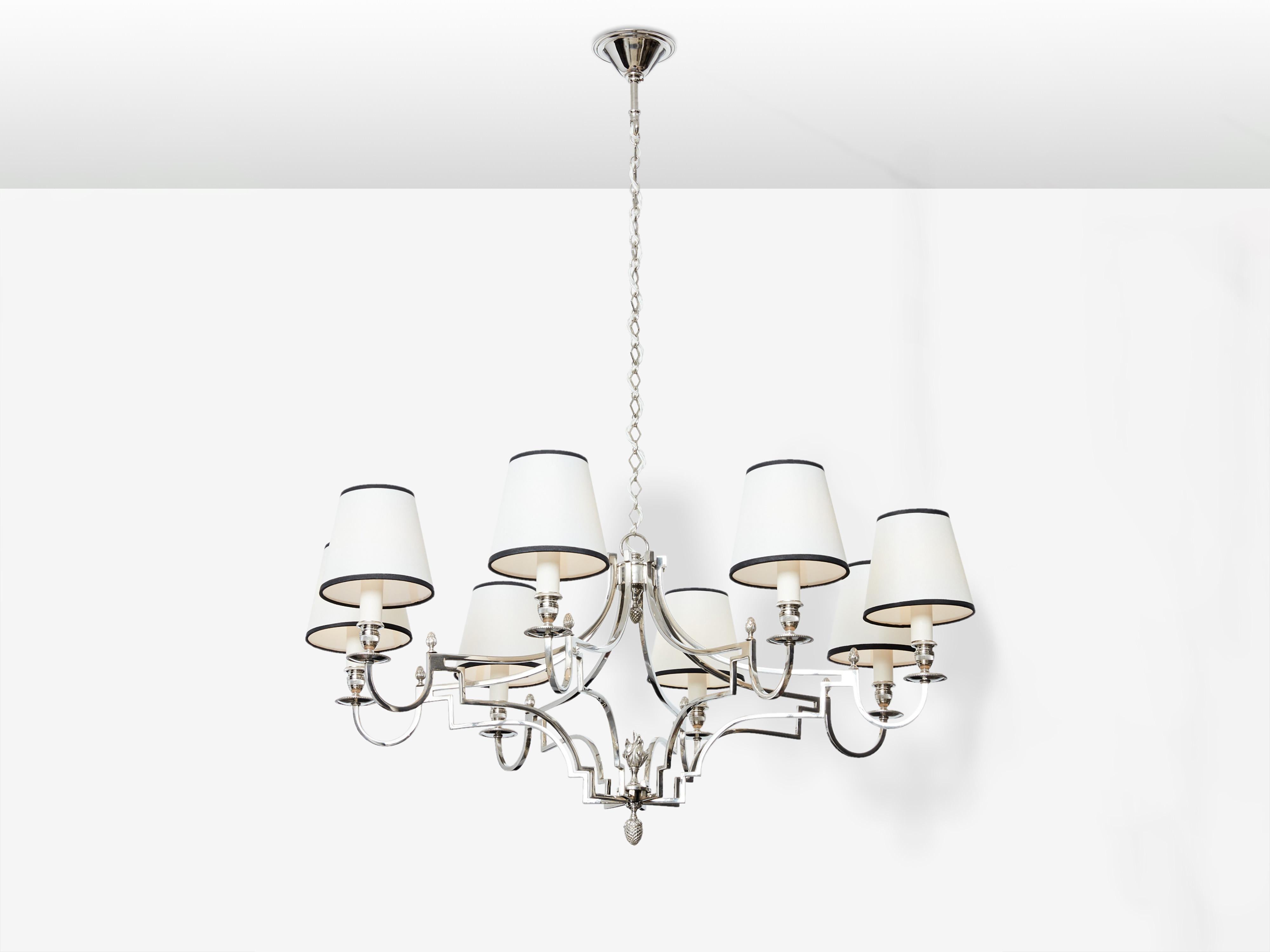 Maison Charles 8 lights nickel metal chandelier 1960s In Good Condition For Sale In Paris, IDF