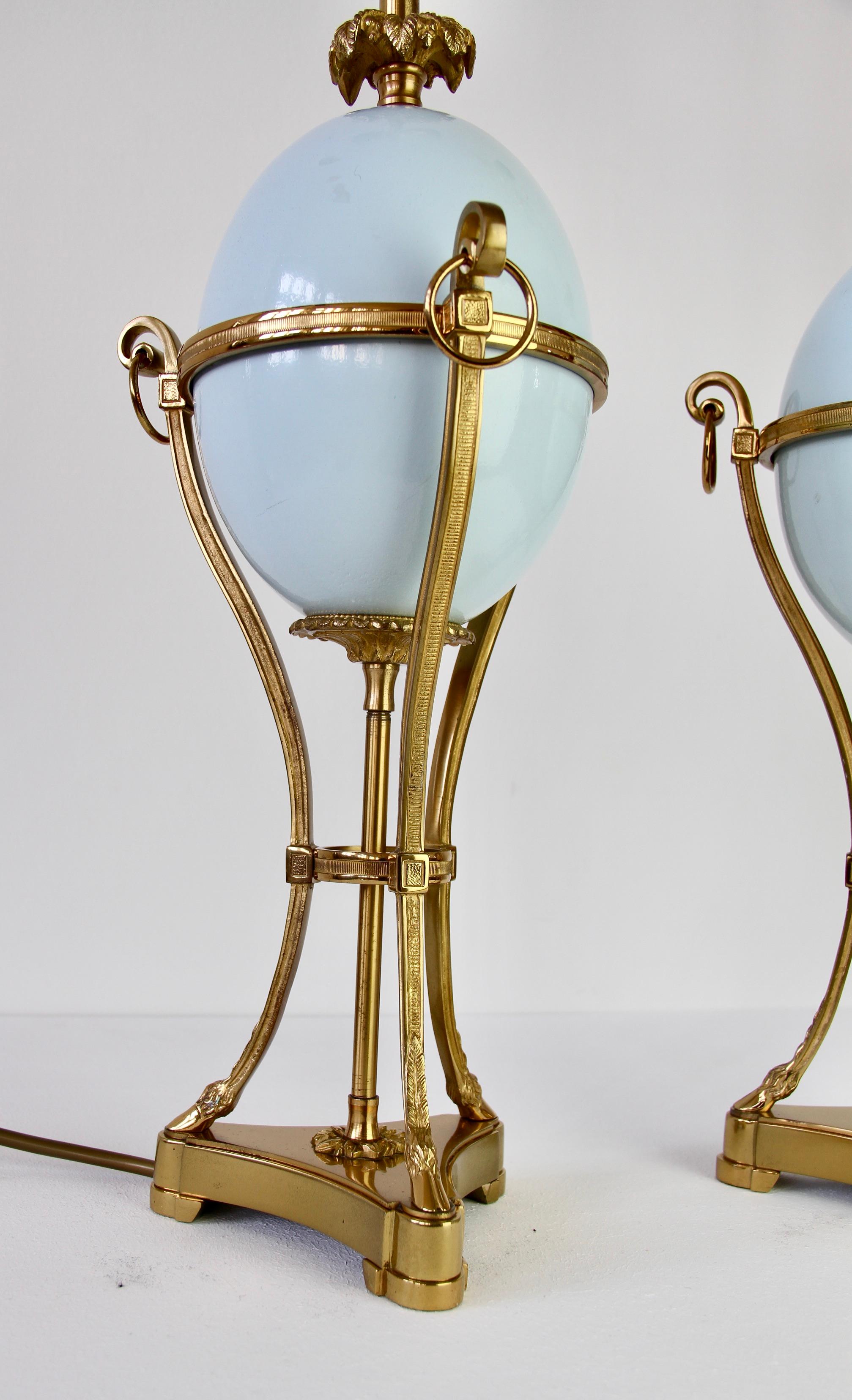 Maison Charles Attributed Pair of Tall Ostrich Egg and Brass French Table Lamps For Sale 5
