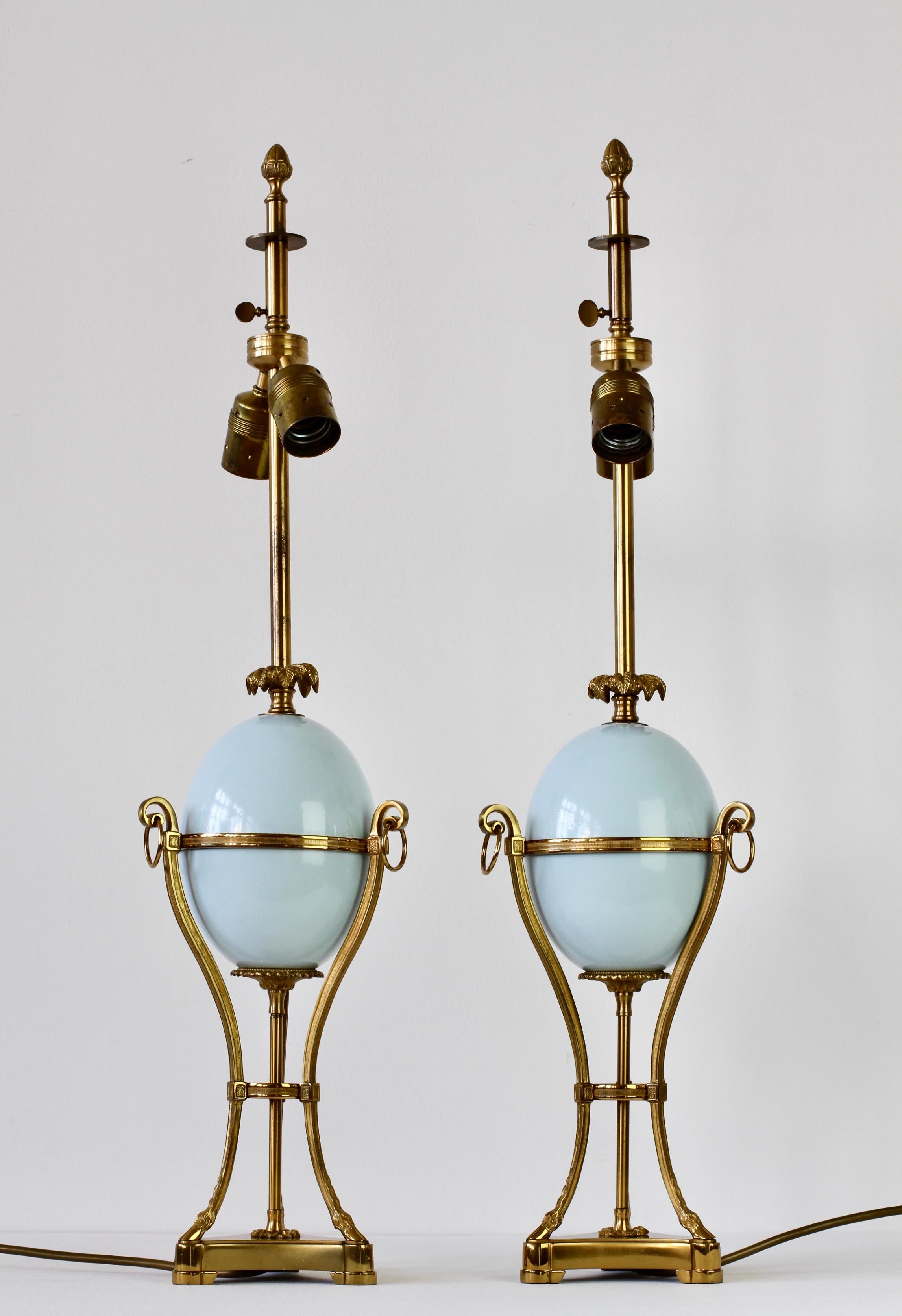 Neoclassical Revival Maison Charles Attributed Pair of Tall Ostrich Egg and Brass French Table Lamps For Sale