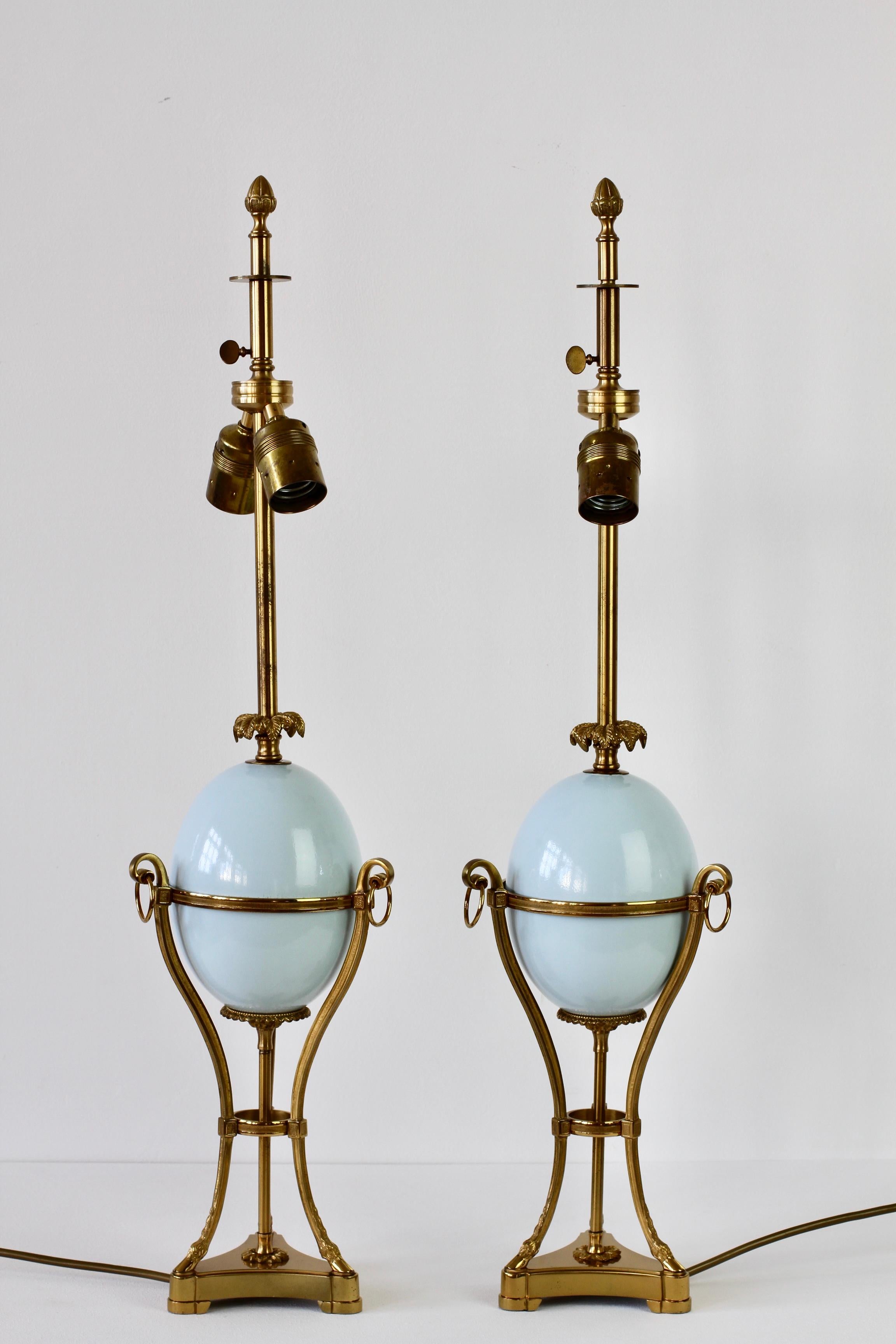 Cast Maison Charles Attributed Pair of Tall Ostrich Egg and Brass French Table Lamps For Sale
