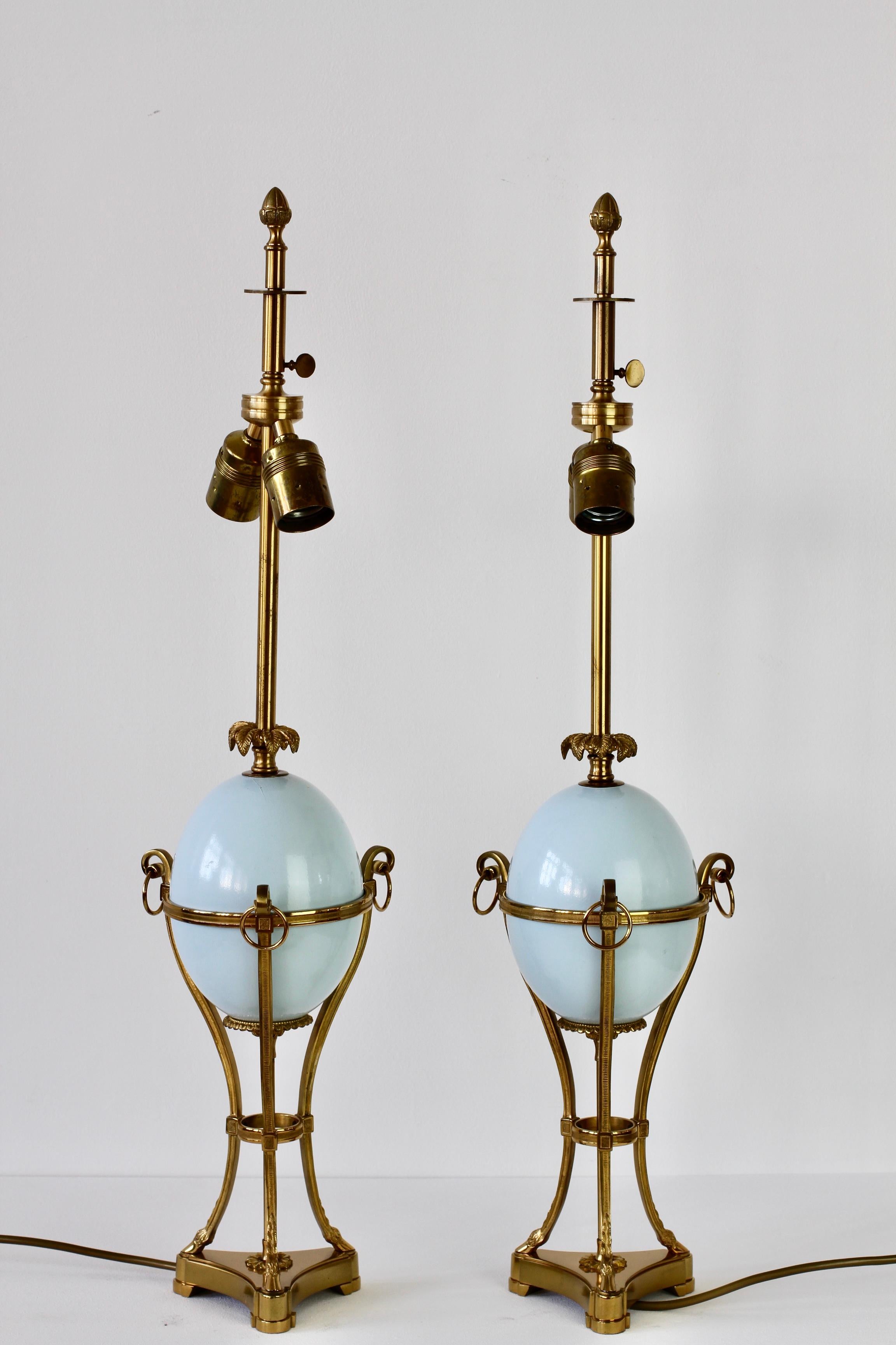 20th Century Maison Charles Attributed Pair of Tall Ostrich Egg and Brass French Table Lamps For Sale