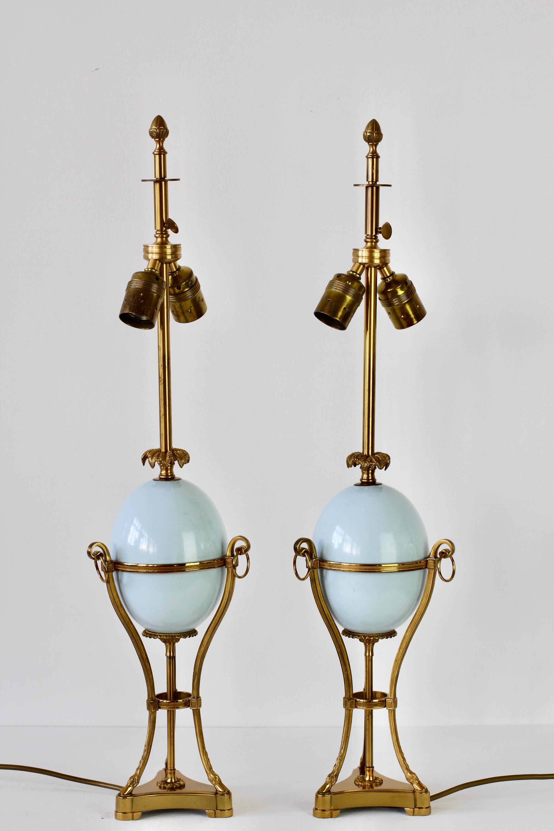 Maison Charles Attributed Pair of Tall Ostrich Egg and Brass French Table Lamps For Sale 1