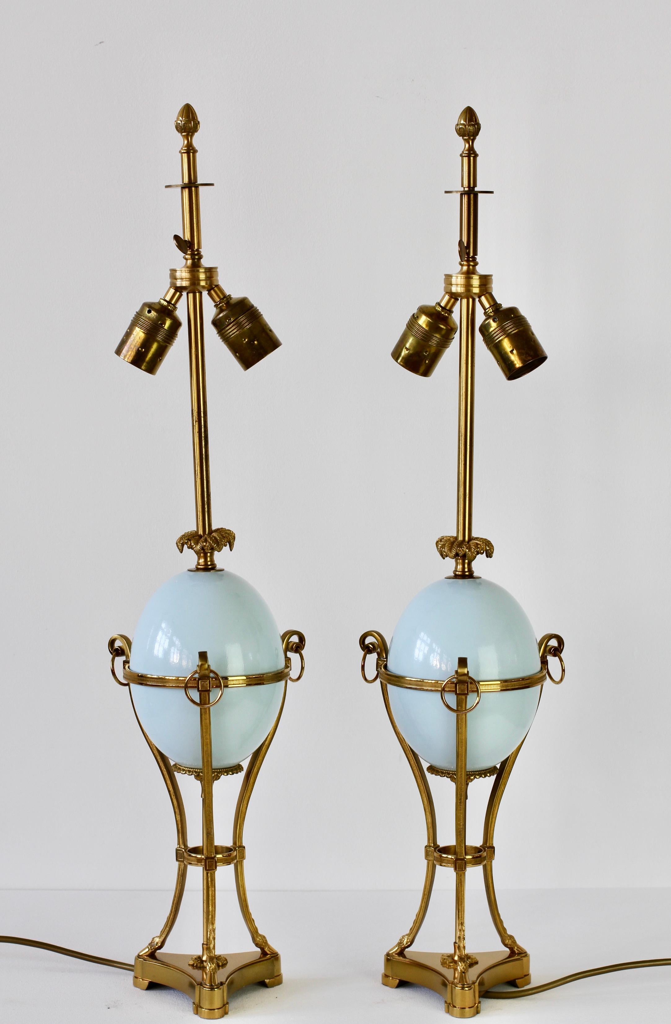 Maison Charles Attributed Pair of Tall Ostrich Egg and Brass French Table Lamps For Sale 2