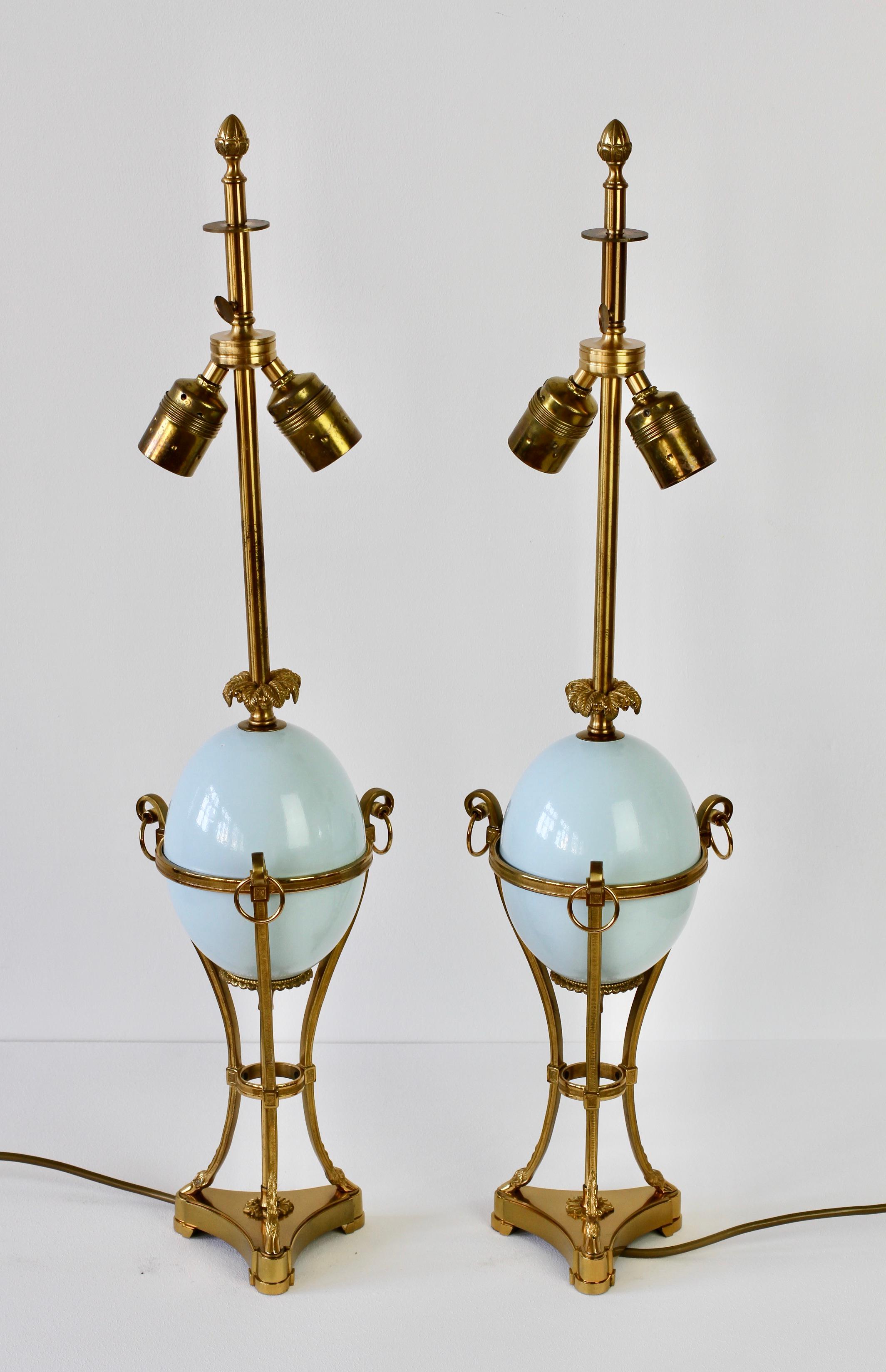 Maison Charles Attributed Pair of Tall Ostrich Egg and Brass French Table Lamps For Sale 3