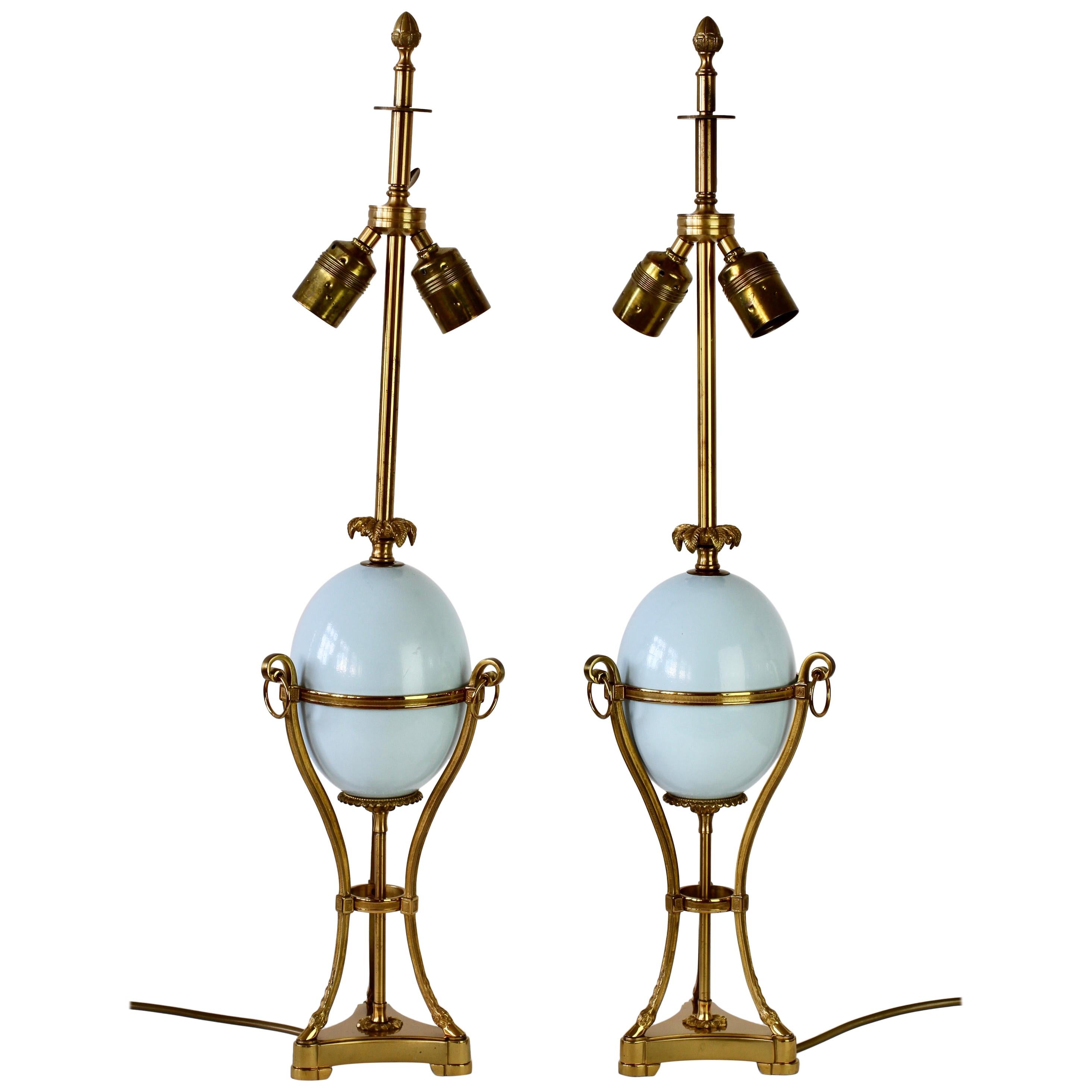 Maison Charles Attributed Pair of Tall Ostrich Egg and Brass French Table Lamps