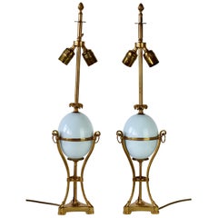 Maison Charles Attributed Pair of Tall Ostrich Egg and Brass French Table Lamps