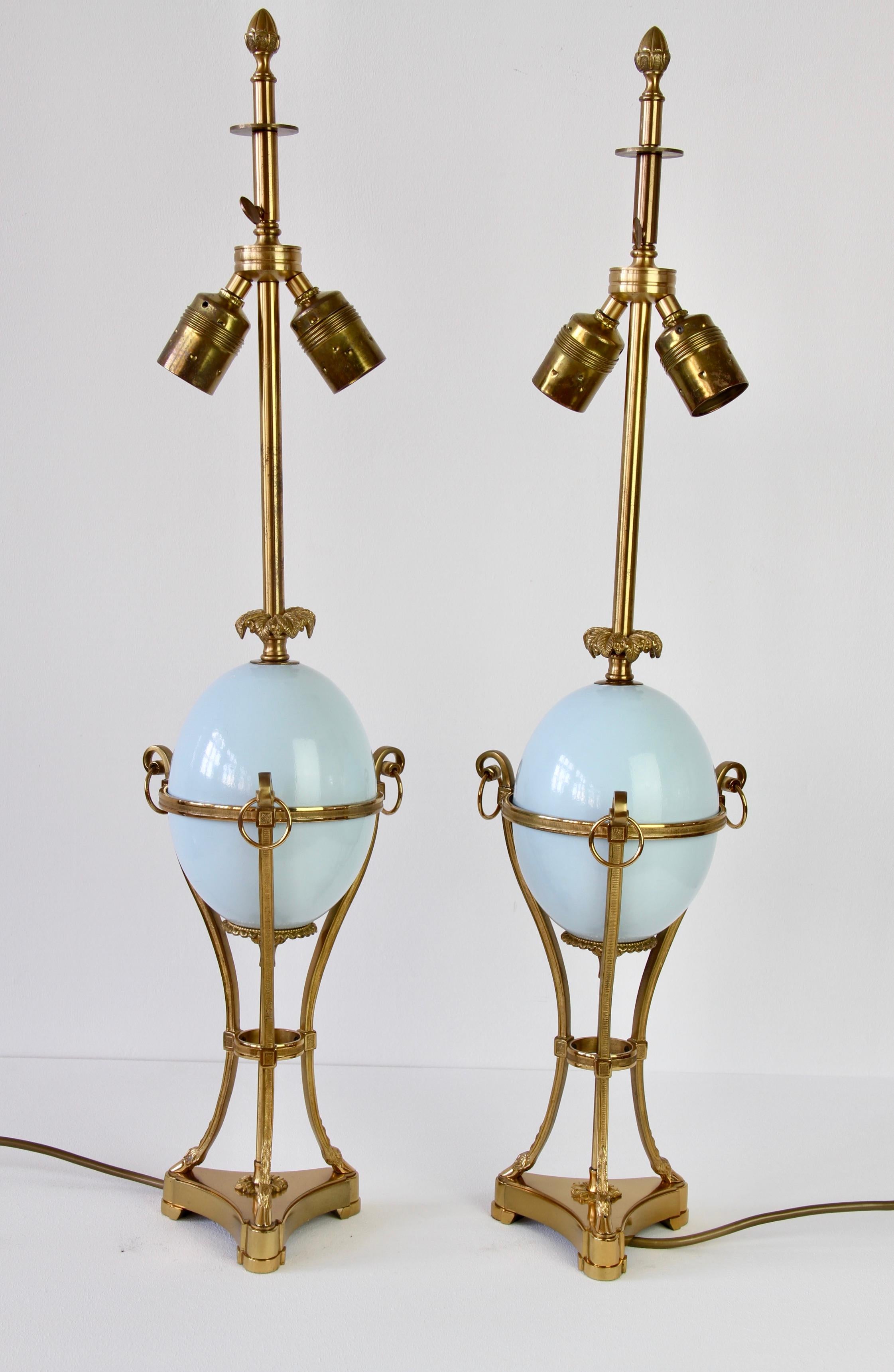 Maison Charles Attributed Pair of Tall Ostrich Egg and Brass French Table Lamps For Sale 3