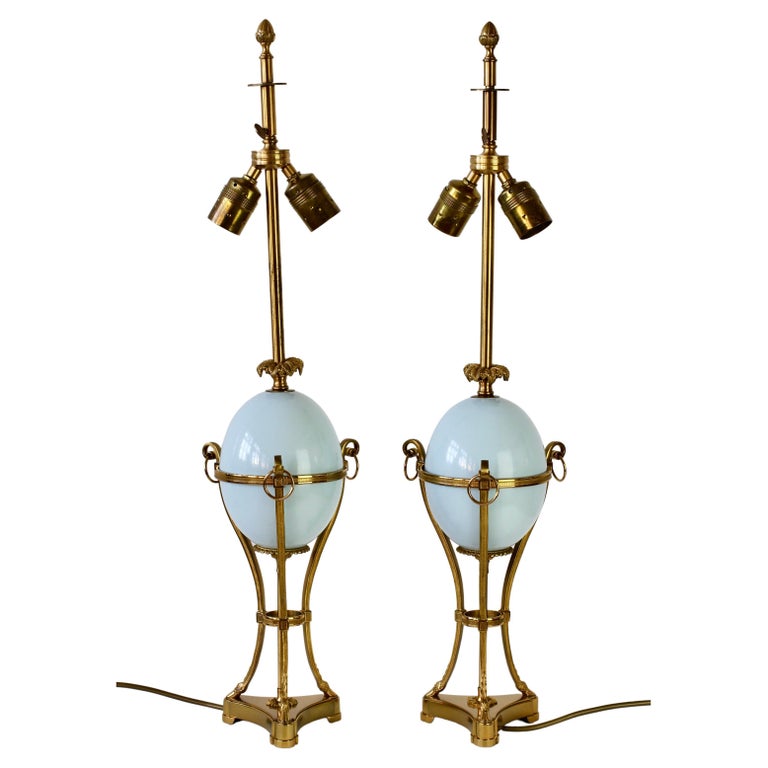 Maison Charles Attributed Pair of Tall Ostrich Egg and Brass French Table  Lamps For Sale at 1stDibs