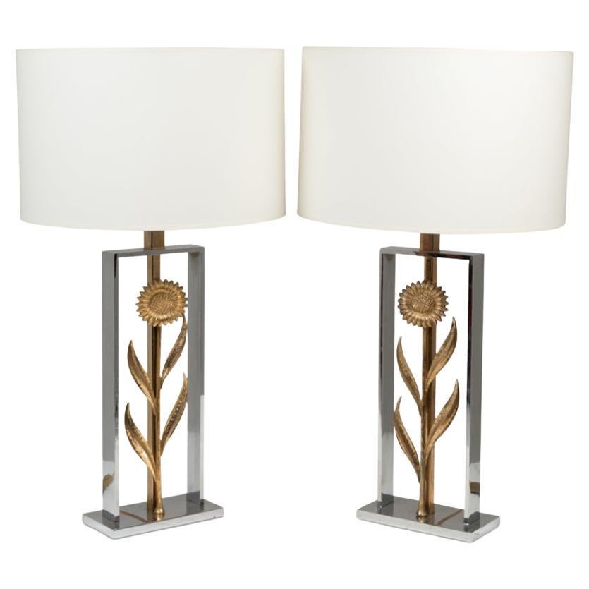Maison Charles, attributed to. Pair of sunflower lamps. 1970s For Sale