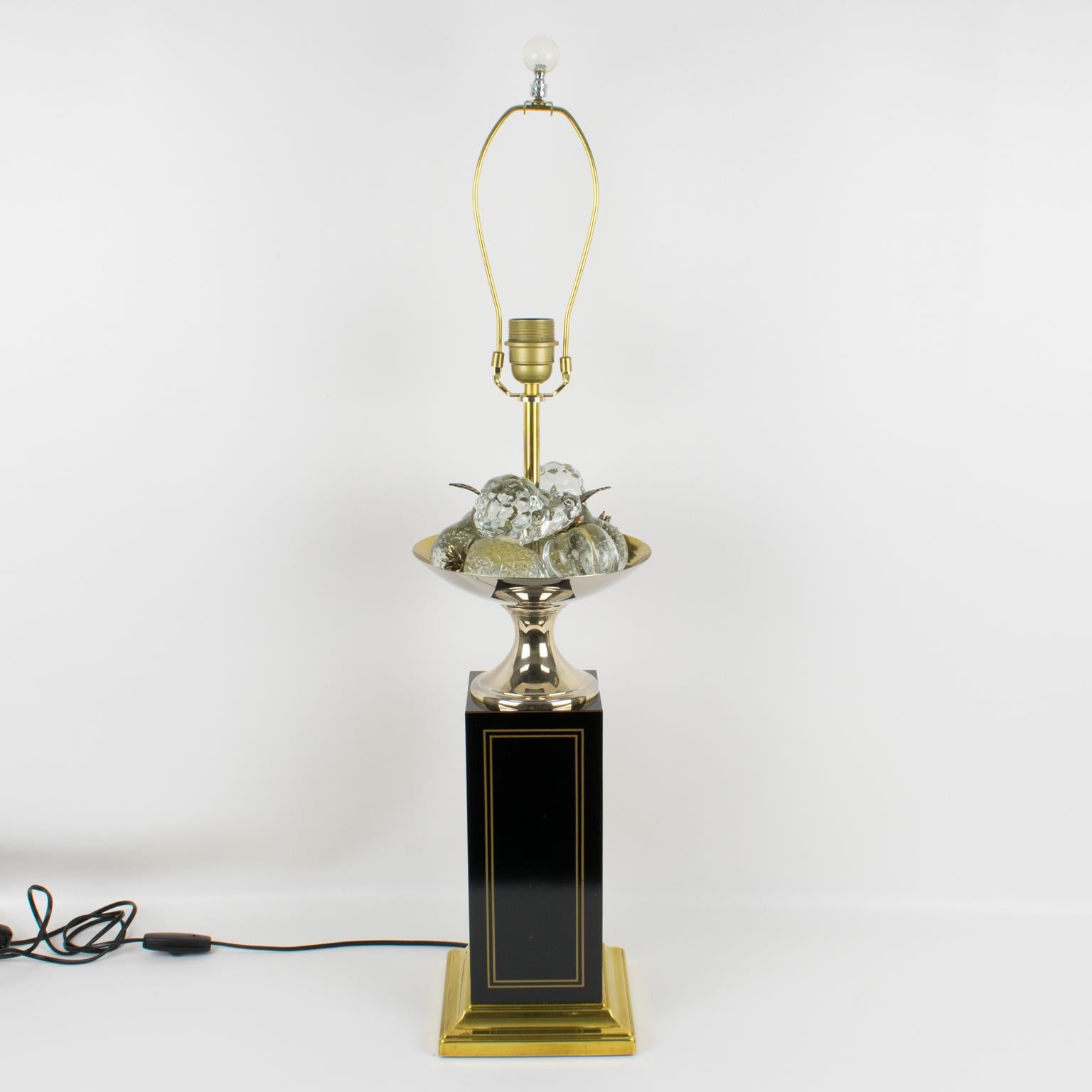 Maison Charles Black Enamel and Crystal Fruits Table Lamp, France 1960s 4