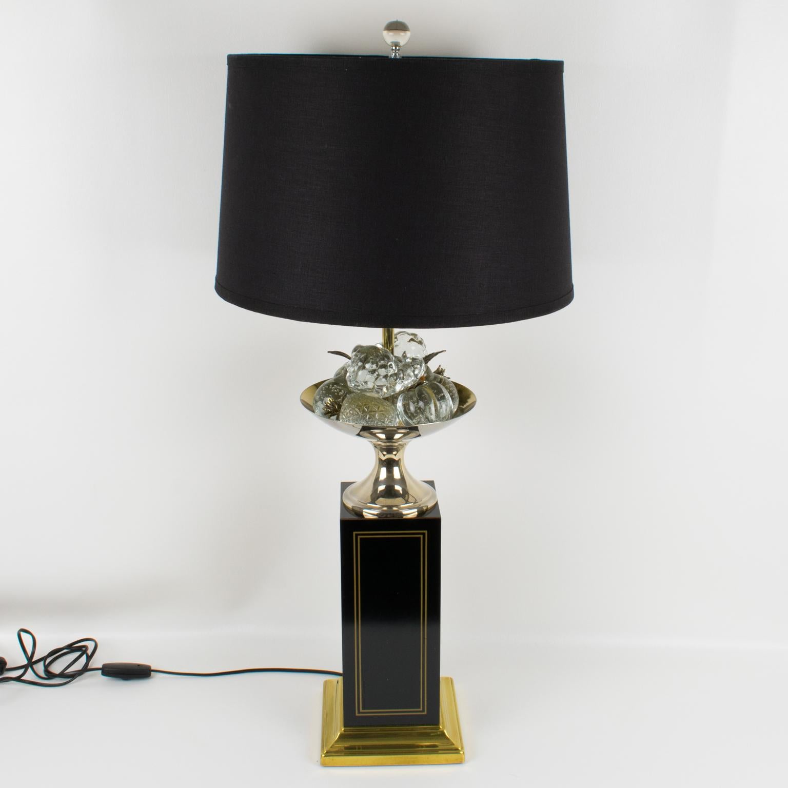 Maison Charles Black Enamel and Crystal Fruits Table Lamp, France 1960s 5