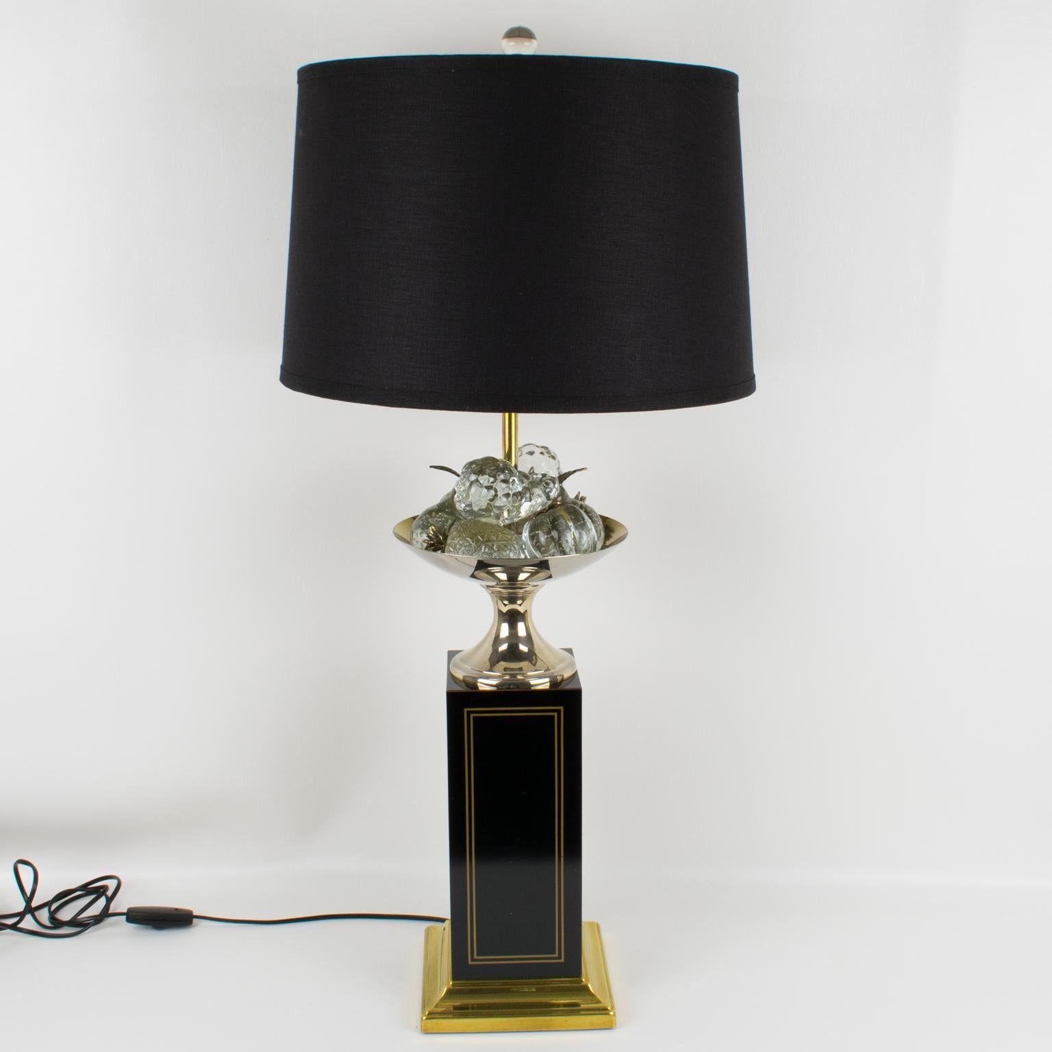 French Maison Charles Black Enamel and Crystal Fruits Table Lamp, France 1960s
