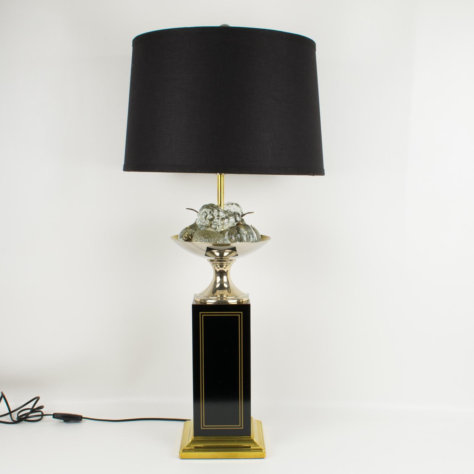 Maison Charles Black Enamel and Crystal Fruits Table Lamp, France 1960s In Excellent Condition In Atlanta, GA