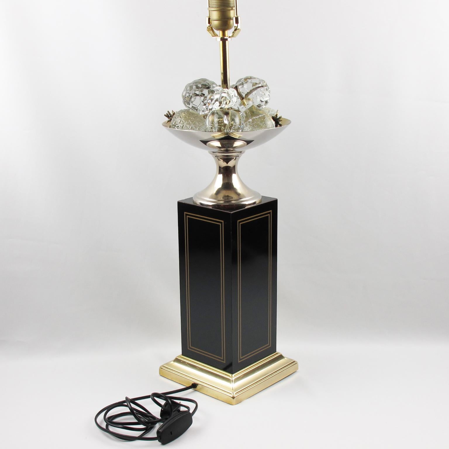 Maison Charles Black Enamel and Crystal Fruits Table Lamp, France 1960s 3