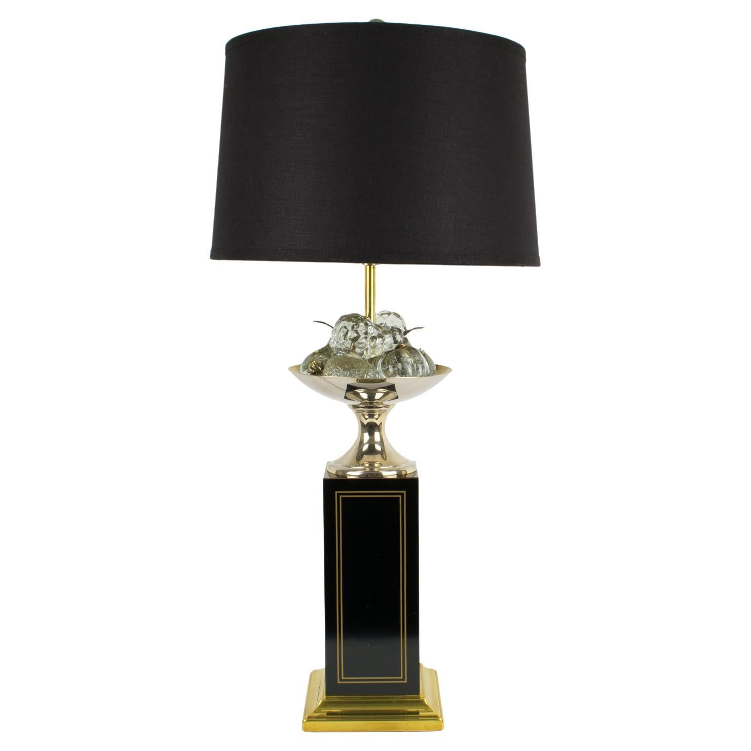 Maison Charles Black Enamel and Crystal Fruits Table Lamp, France 1960s