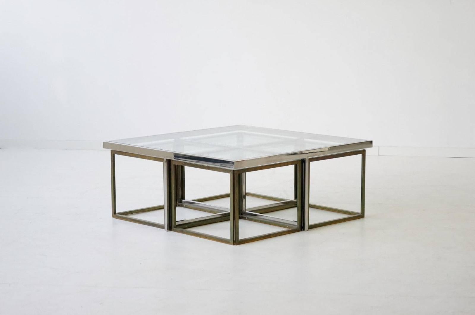 Maison Charles Brass Coffee Table with Four Nesting Tables, 1960s 4