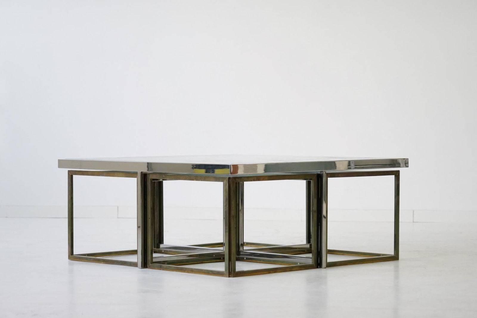 Maison Charles Brass Coffee Table with Four Nesting Tables, 1960s 5