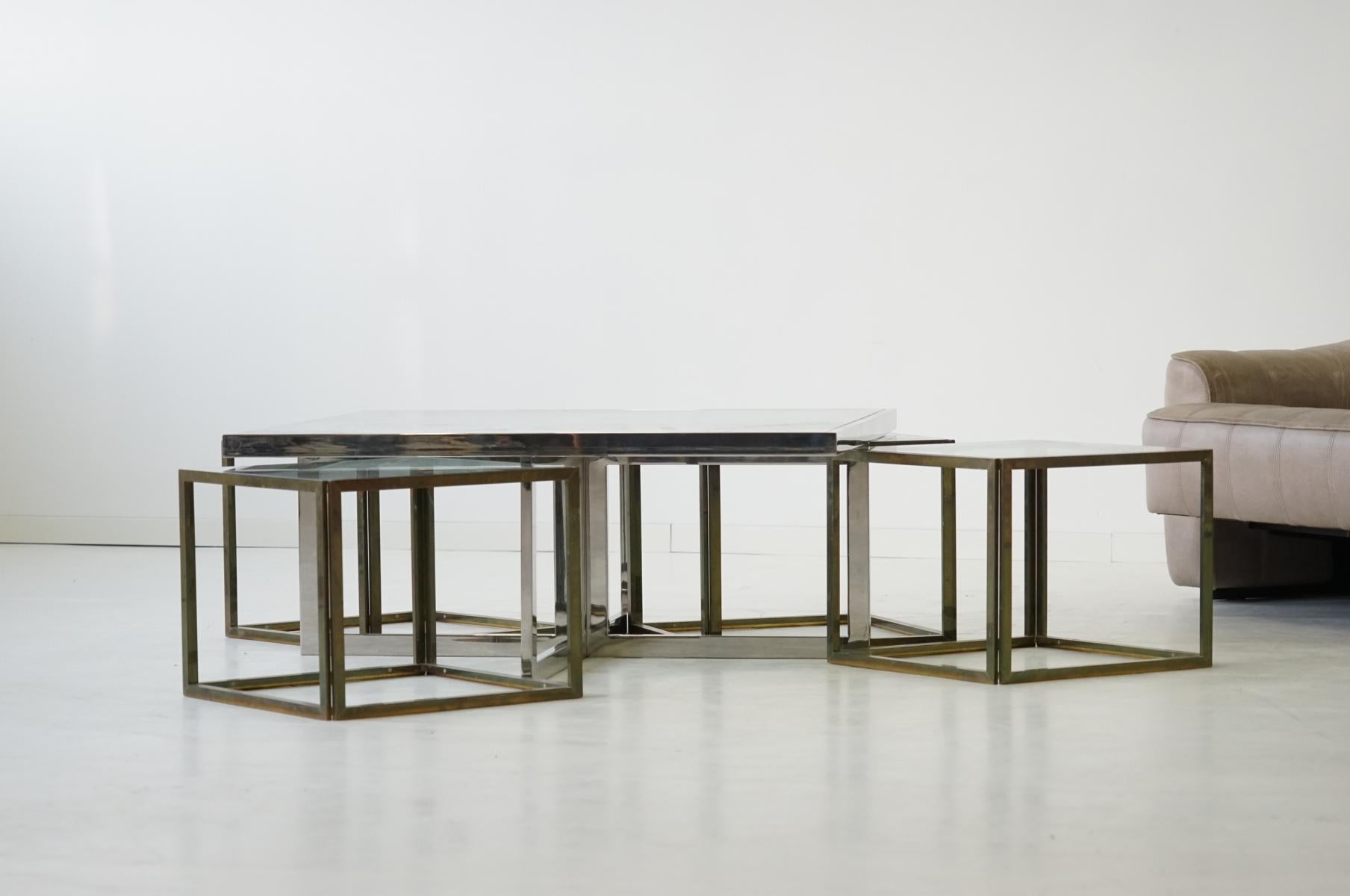 Maison Charles Brass Coffee Table with Four Nesting Tables, 1960s For Sale 8