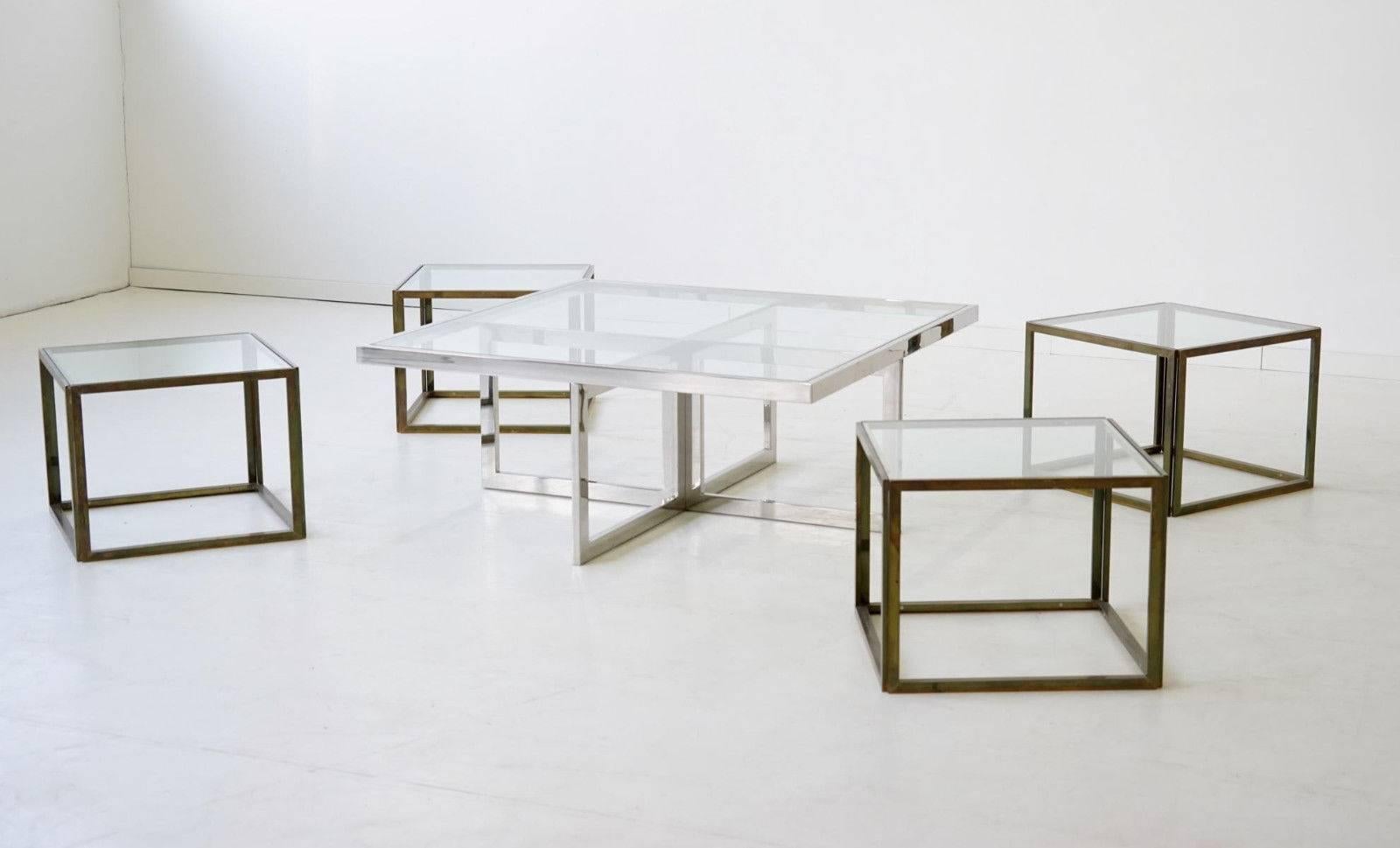 French Maison Charles Brass Coffee Table with Four Nesting Tables, 1960s