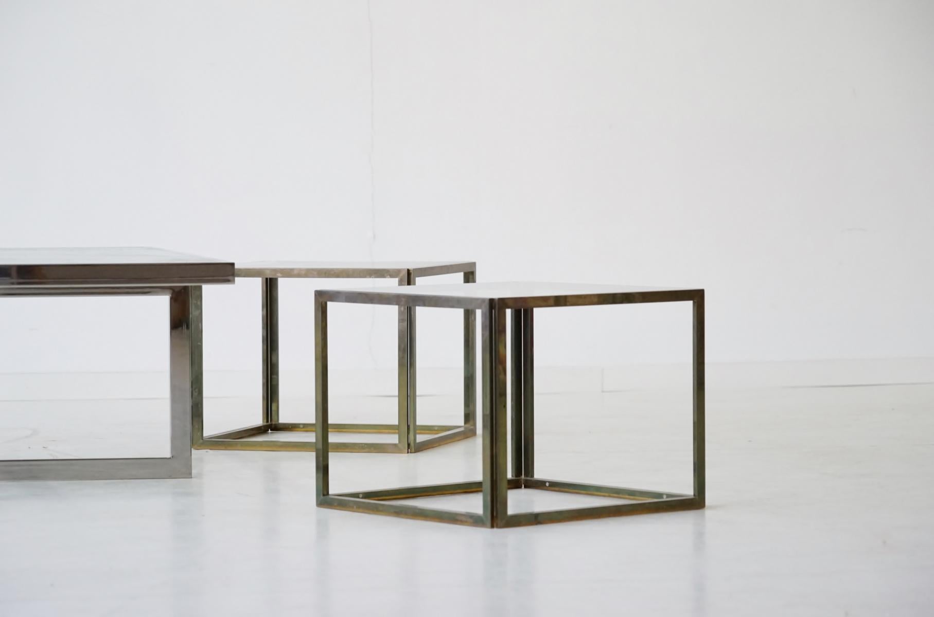 French Maison Charles Brass Coffee Table with Four Nesting Tables, 1960s For Sale