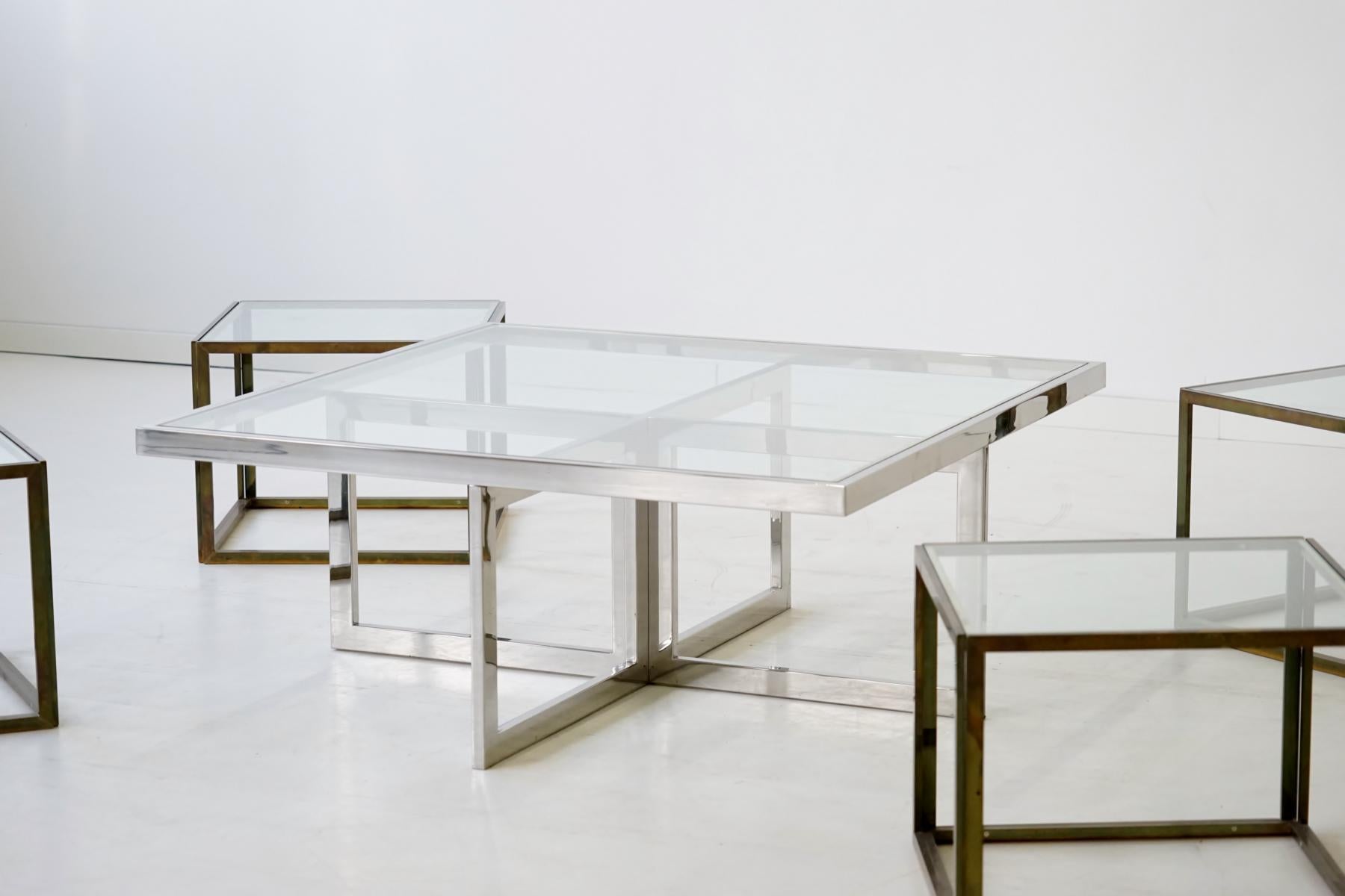 Maison Charles Brass Coffee Table with Four Nesting Tables, 1960s For Sale 1