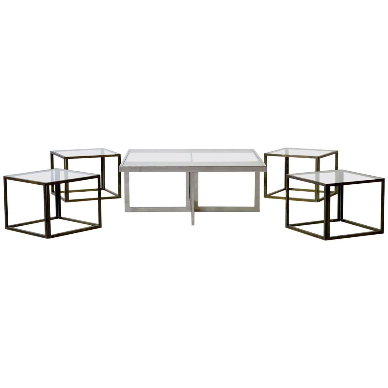 Maison Charles Brass Coffee Table with Four Nesting Tables, 1960s