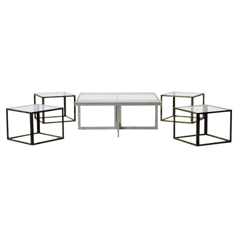 Maison Charles Brass Coffee Table with Four Nesting Tables, 1960s For Sale