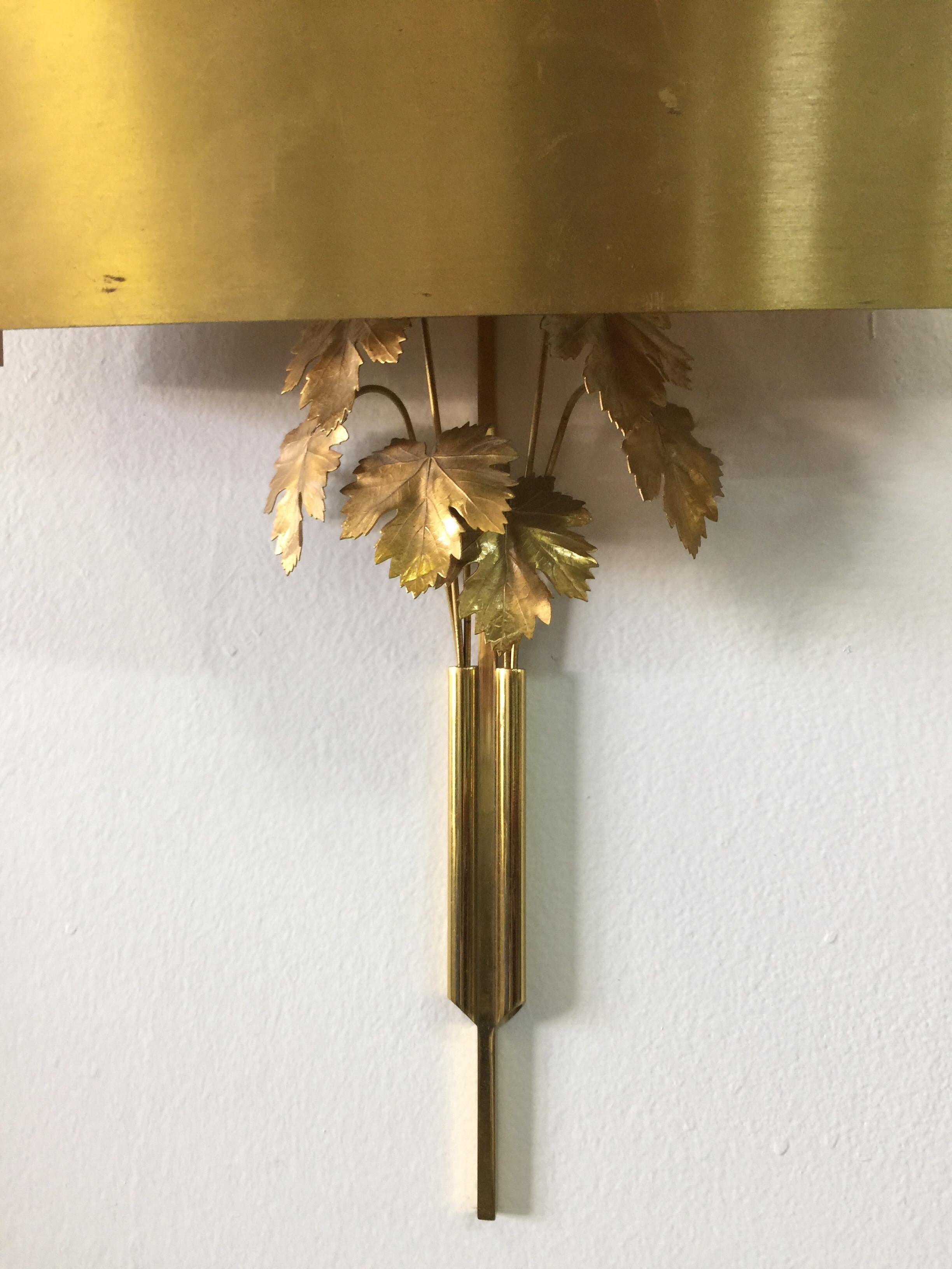 French Maison Charles Brass Fig Leaf Wall Sconces, Pair