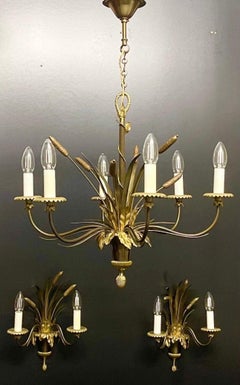 Maison Charles Bronze "Cattails" Chandelier and Sconces, France, 1970s