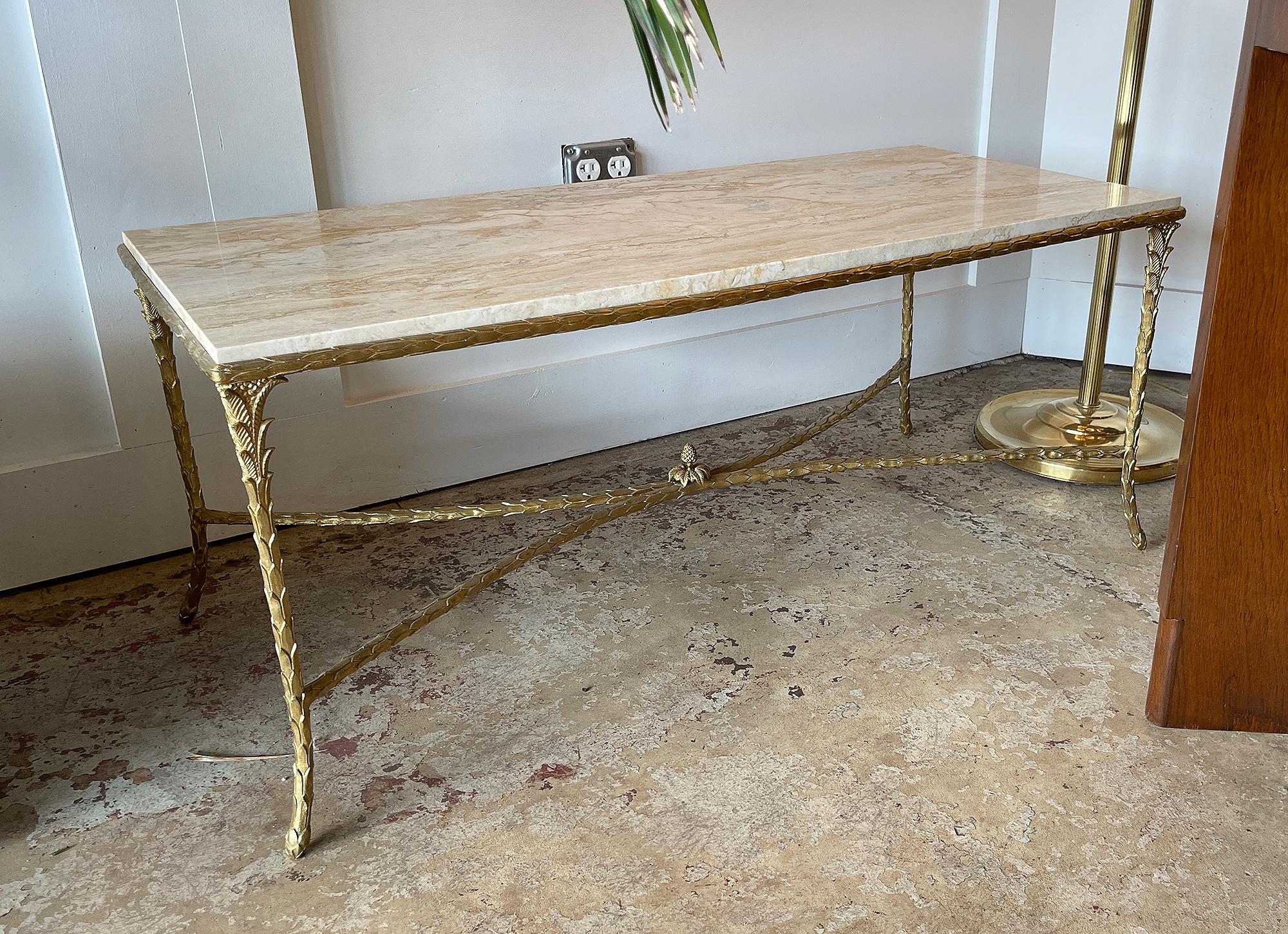 French Maison Charles Coffee Table in Bronze with a Travertine Top, 1960 For Sale
