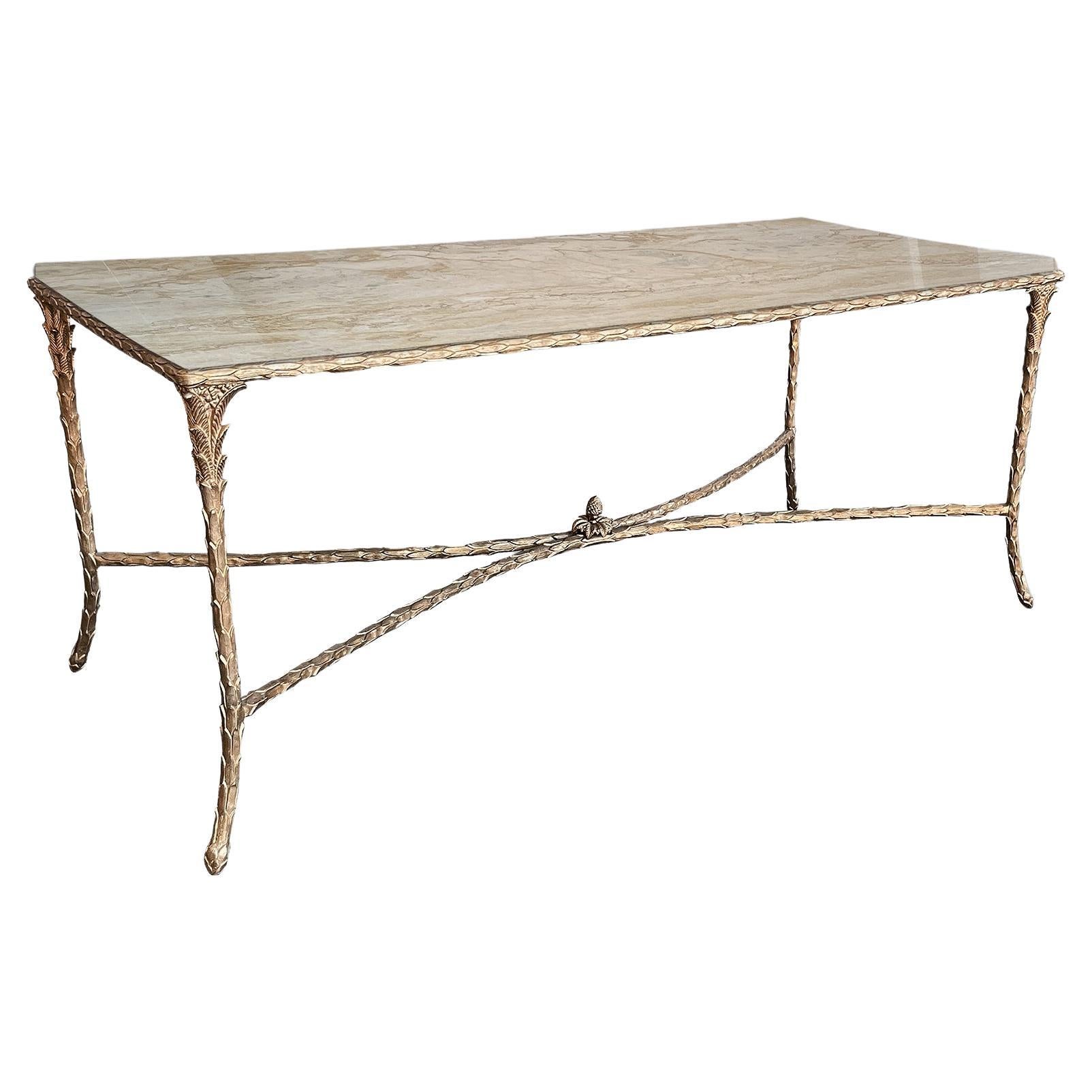 Maison Charles, Bronze Coffee Table with a Travertine Top For Sale