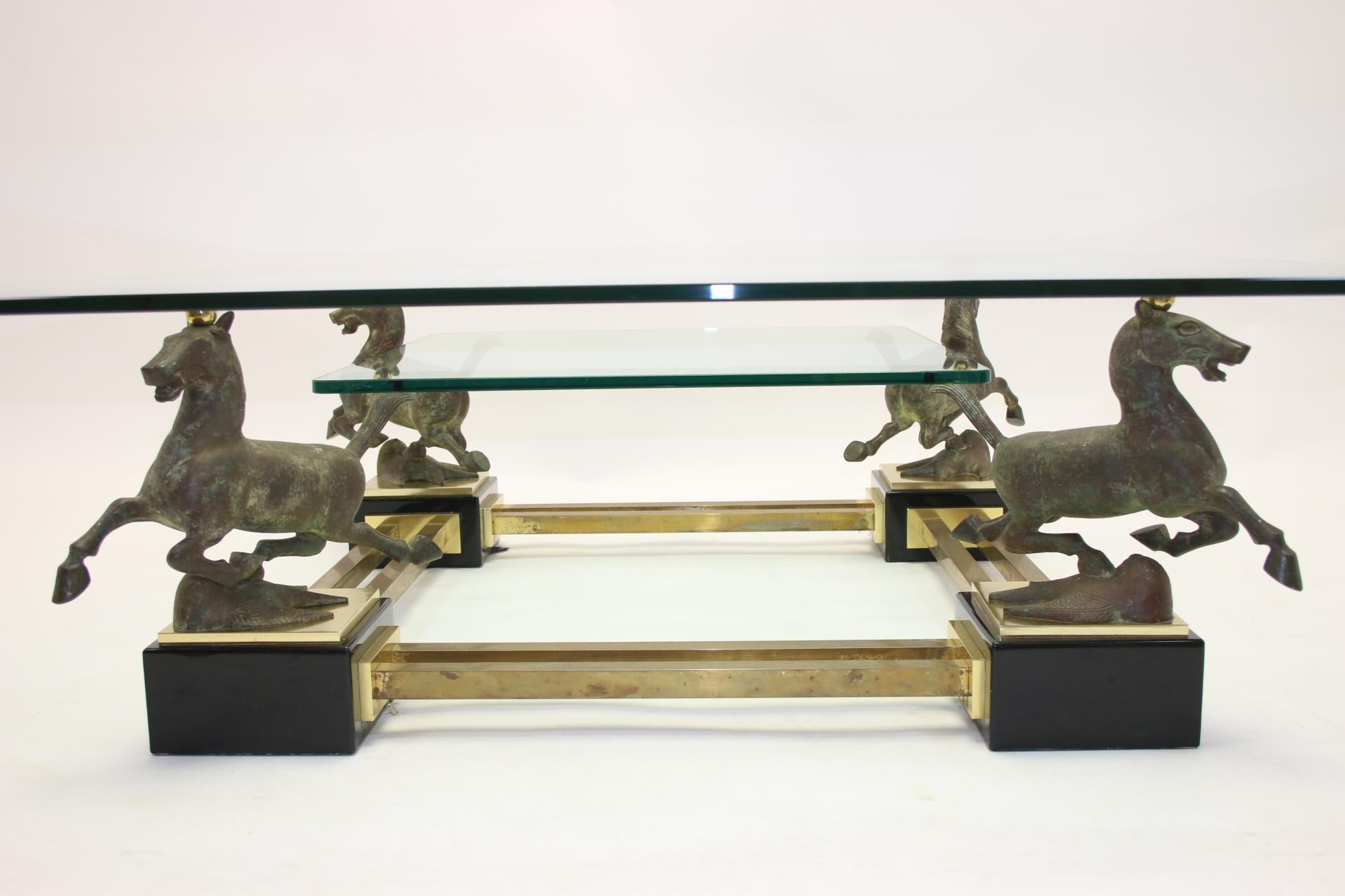 Maison Charles Bronze Coffee Table with Horses and 2 Glass Plates 4
