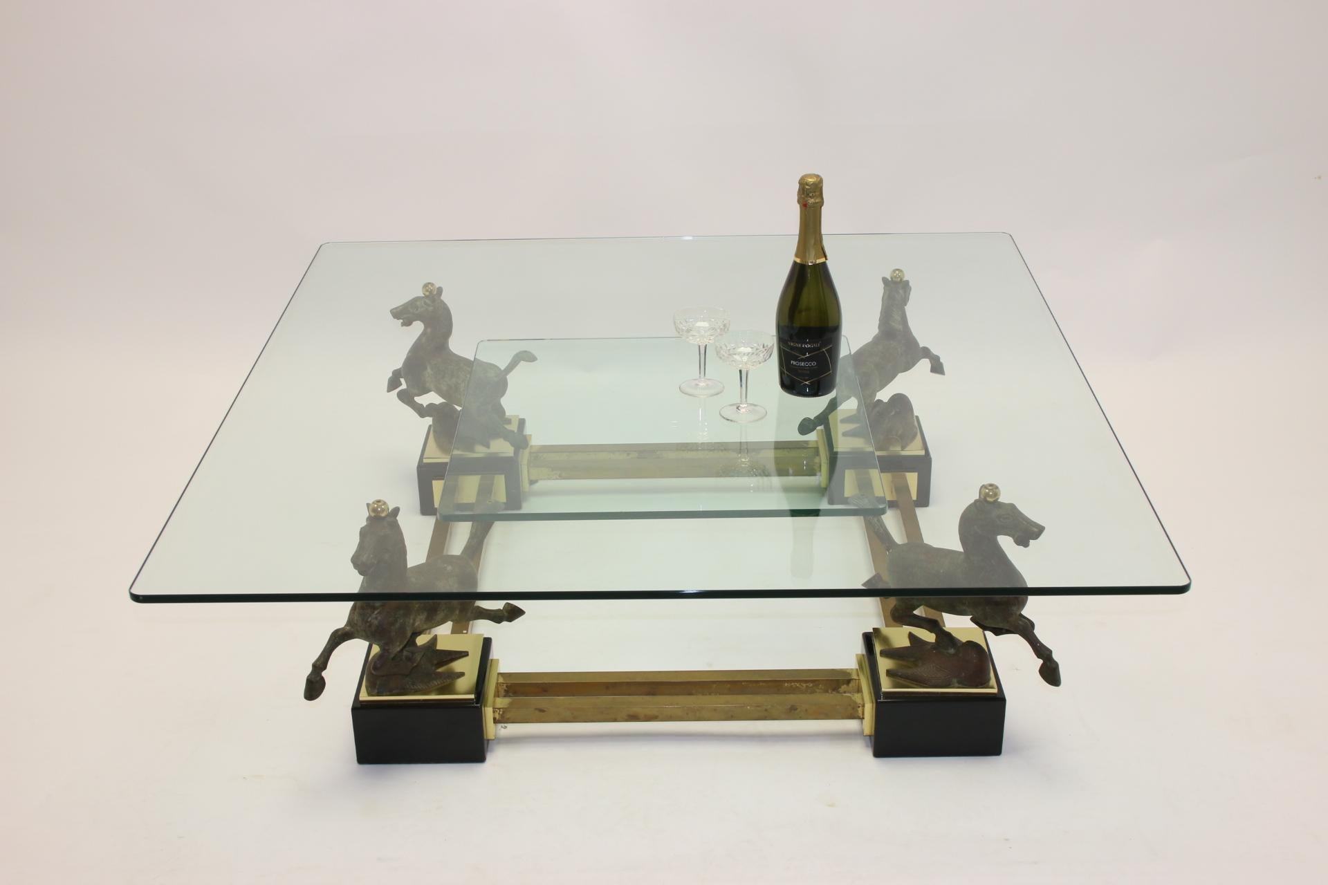 Maison Charles Bronze Coffee Table with Horses and 2 Glass Plates 7