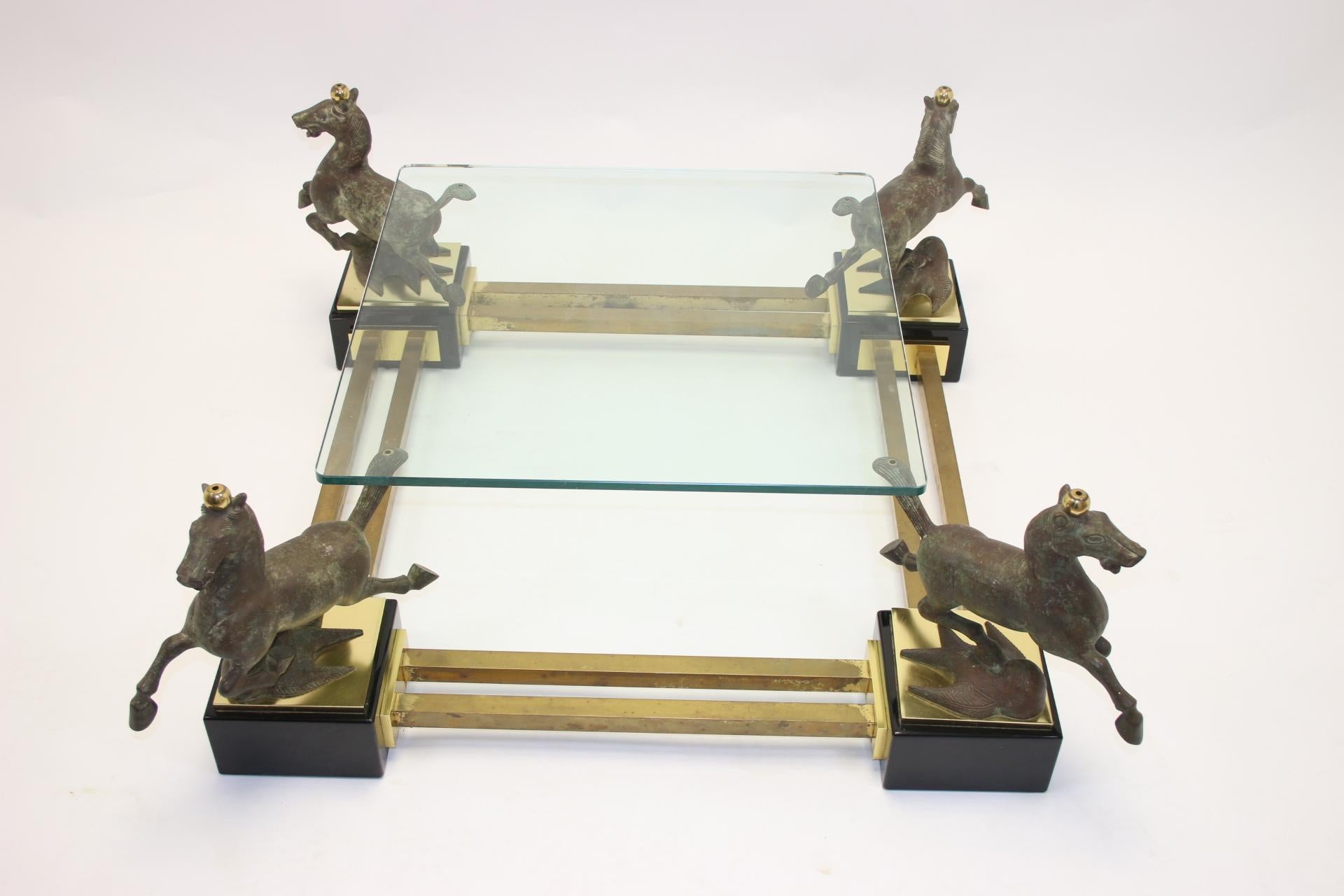 Mid-20th Century Maison Charles Bronze Coffee Table with Horses and 2 Glass Plates