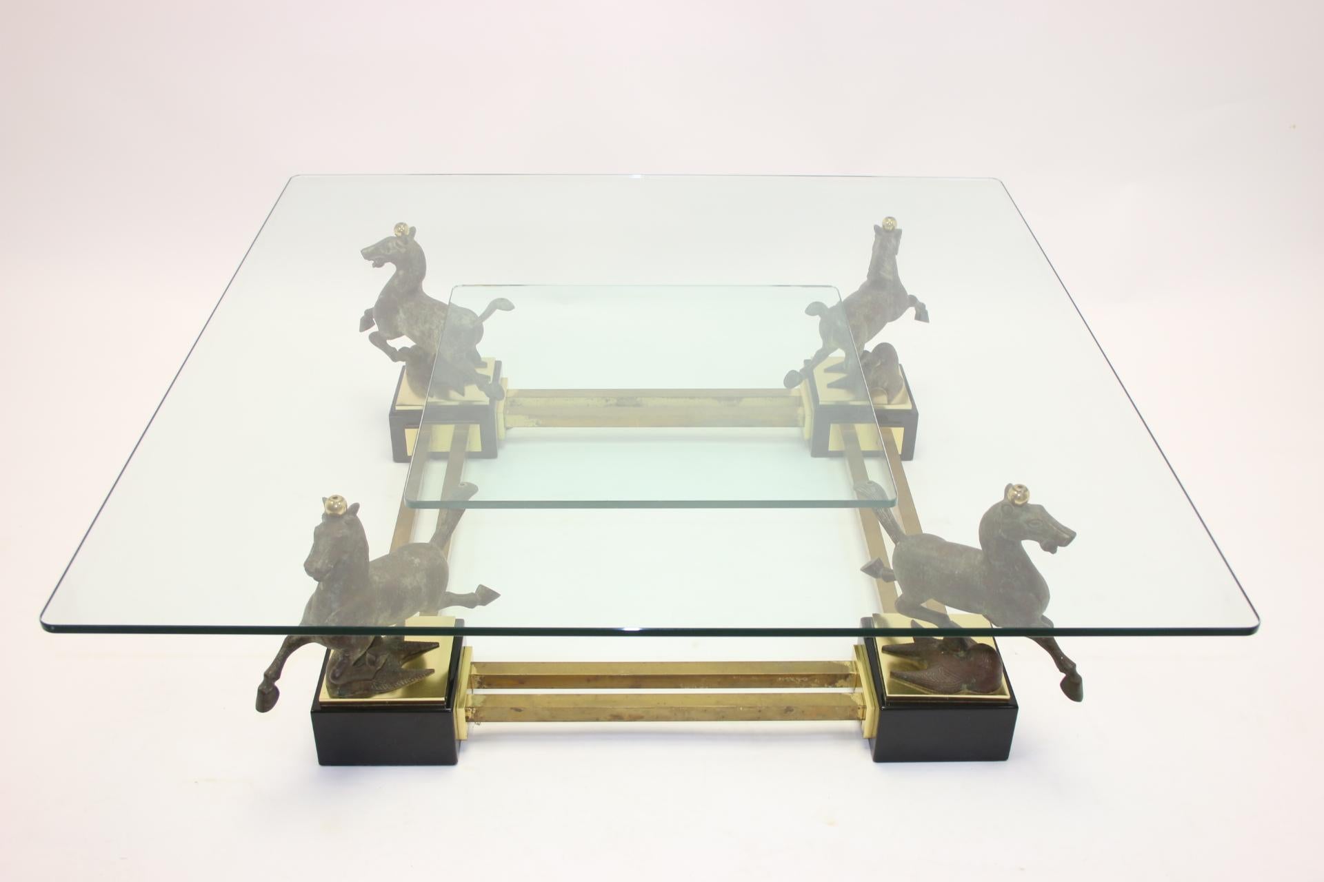 Maison Charles Bronze Coffee Table with Horses and 2 Glass Plates 3