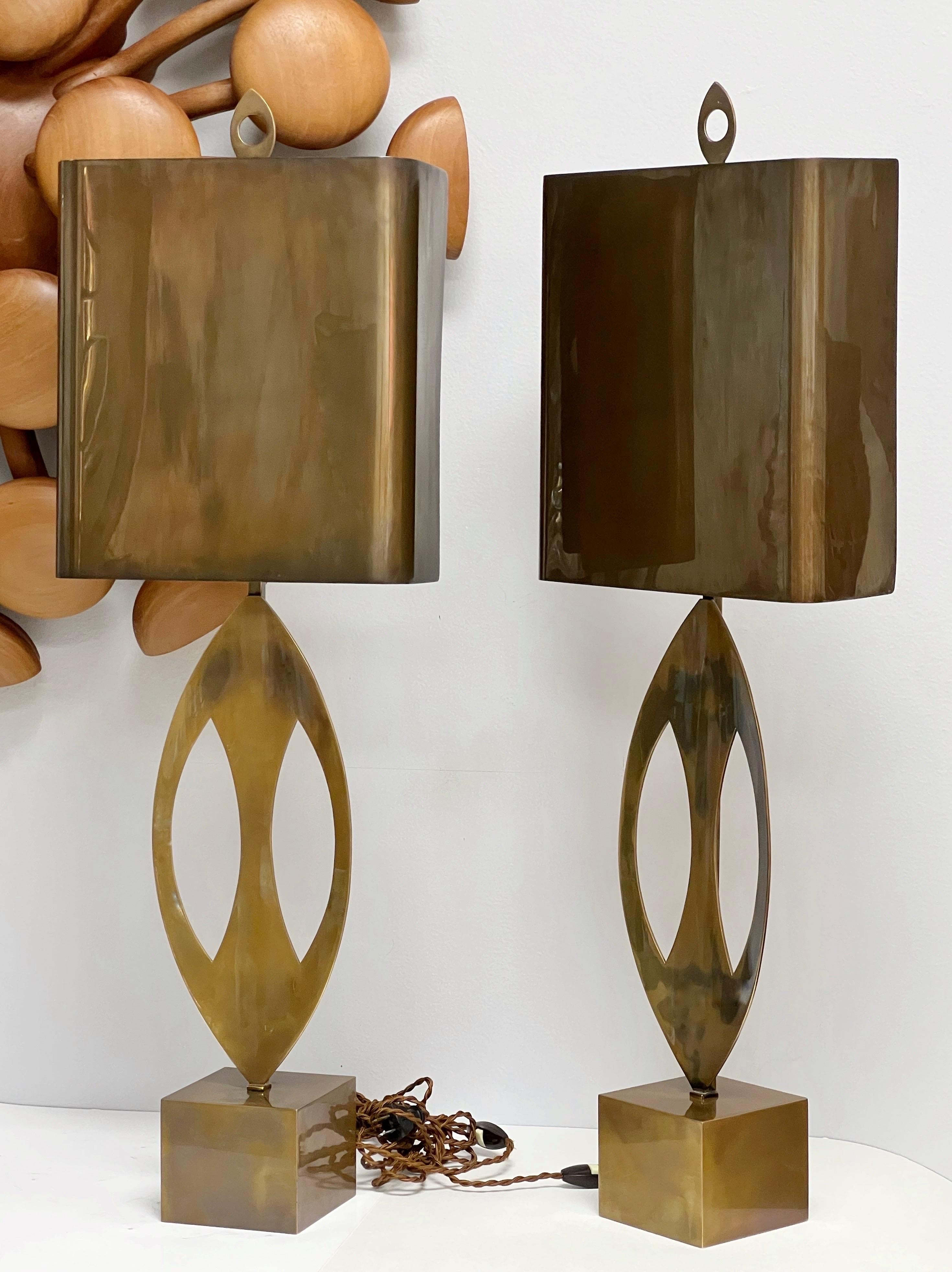Maison Charles Bronze Shield Table Lamps In Good Condition For Sale In Miami, FL
