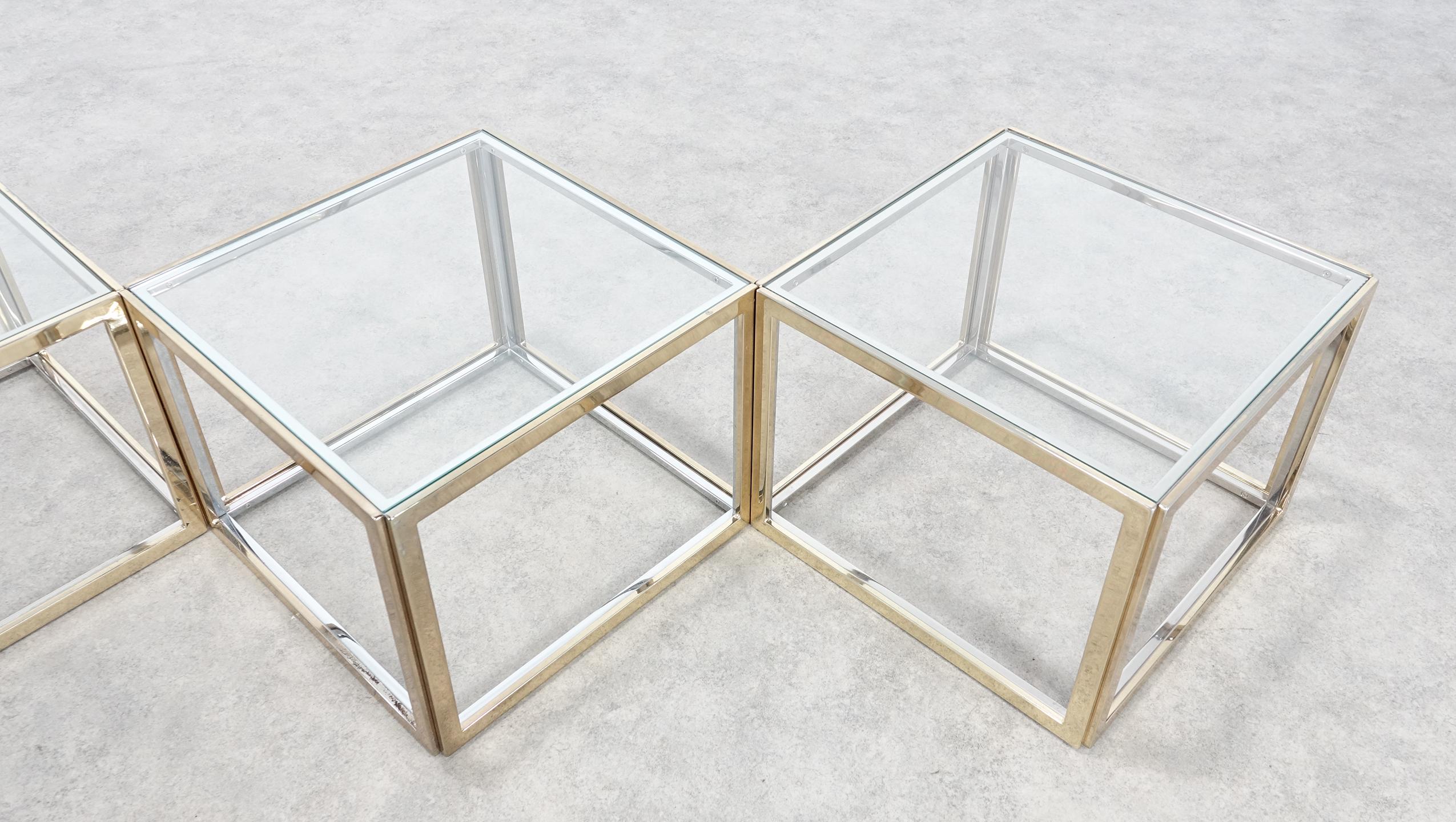 Maison Charles Chrome & Brass Bicolor Coffee Table with Nesting Tables, 1970s 8