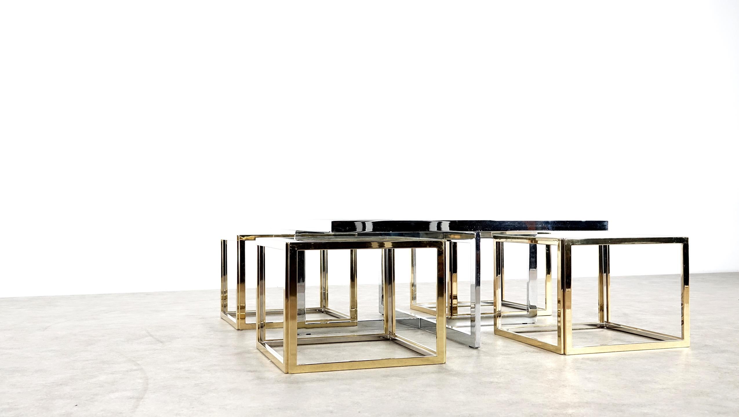 Maison Charles Chrome & Brass Bicolor Coffee Table with Nesting Tables, 1970s 10