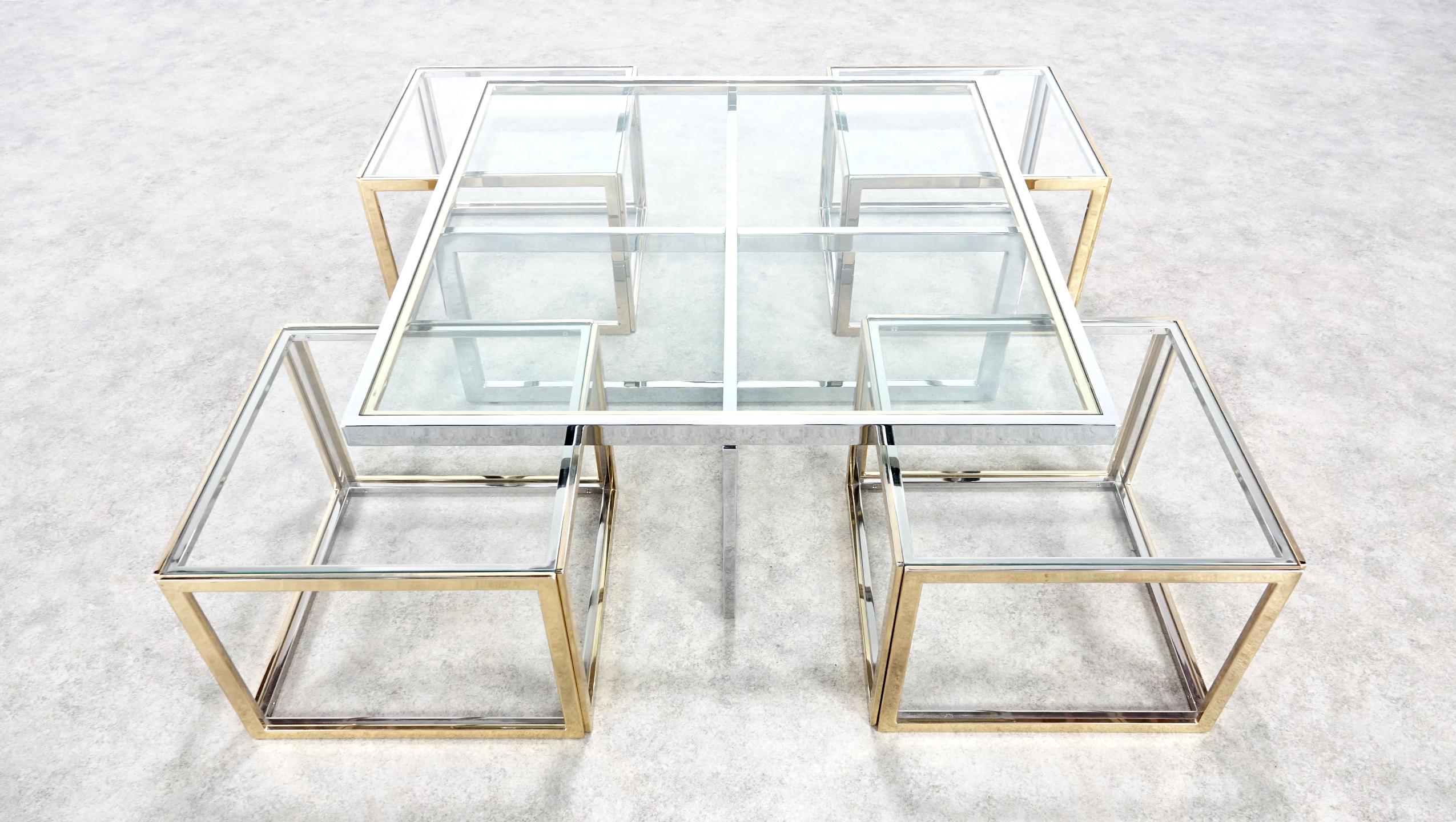 French Maison Charles Chrome & Brass Bicolor Coffee Table with Nesting Tables, 1970s