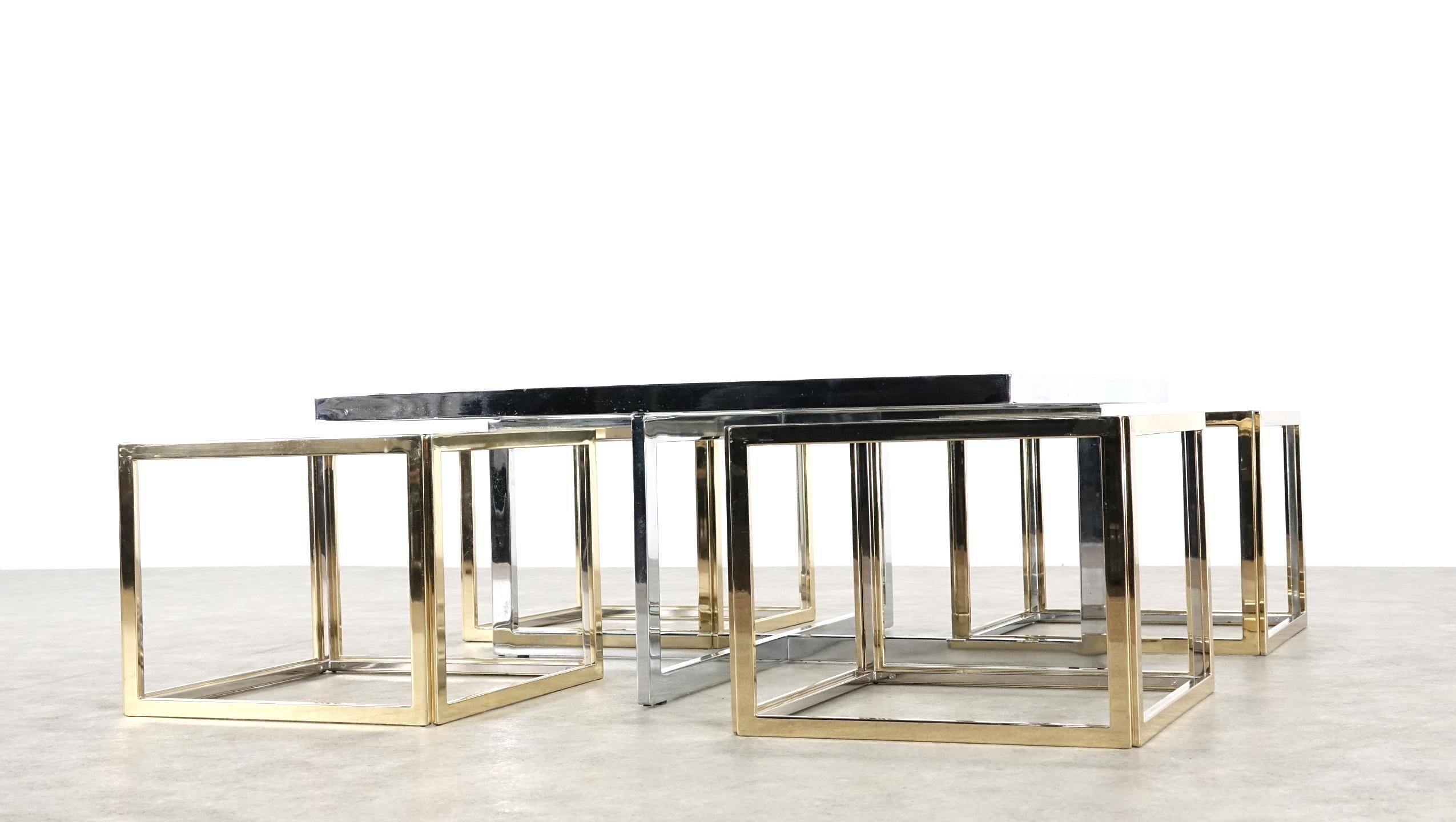 Maison Charles Chrome & Brass Bicolor Coffee Table with Nesting Tables, 1970s 2