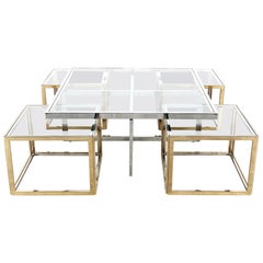 Maison Charles Chrome & Brass Bicolor Coffee Table with Nesting Tables, 1970s