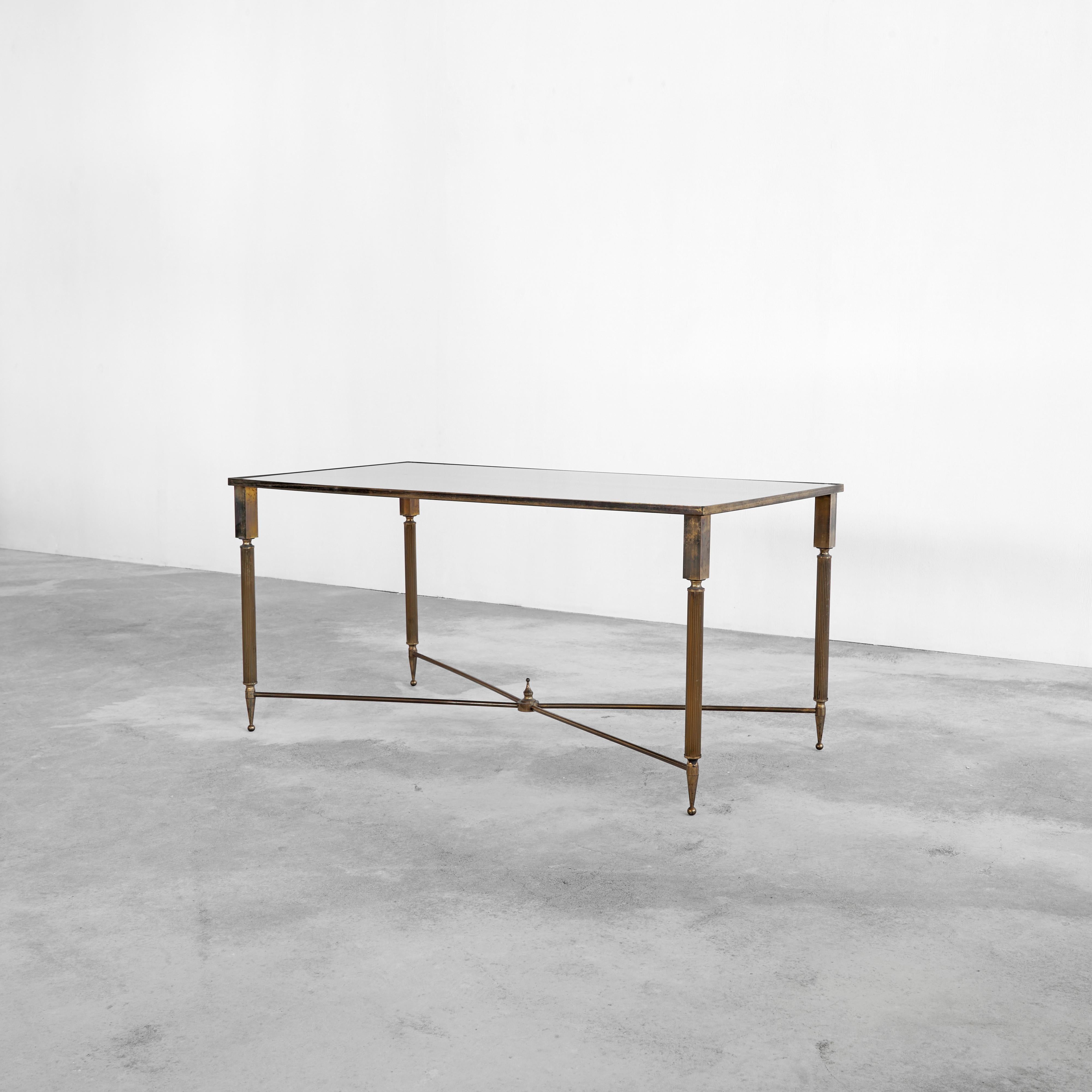 Hollywood Regency Maison Charles Coffee Table in Patinated Brass and Mirror Glass, 1960s For Sale