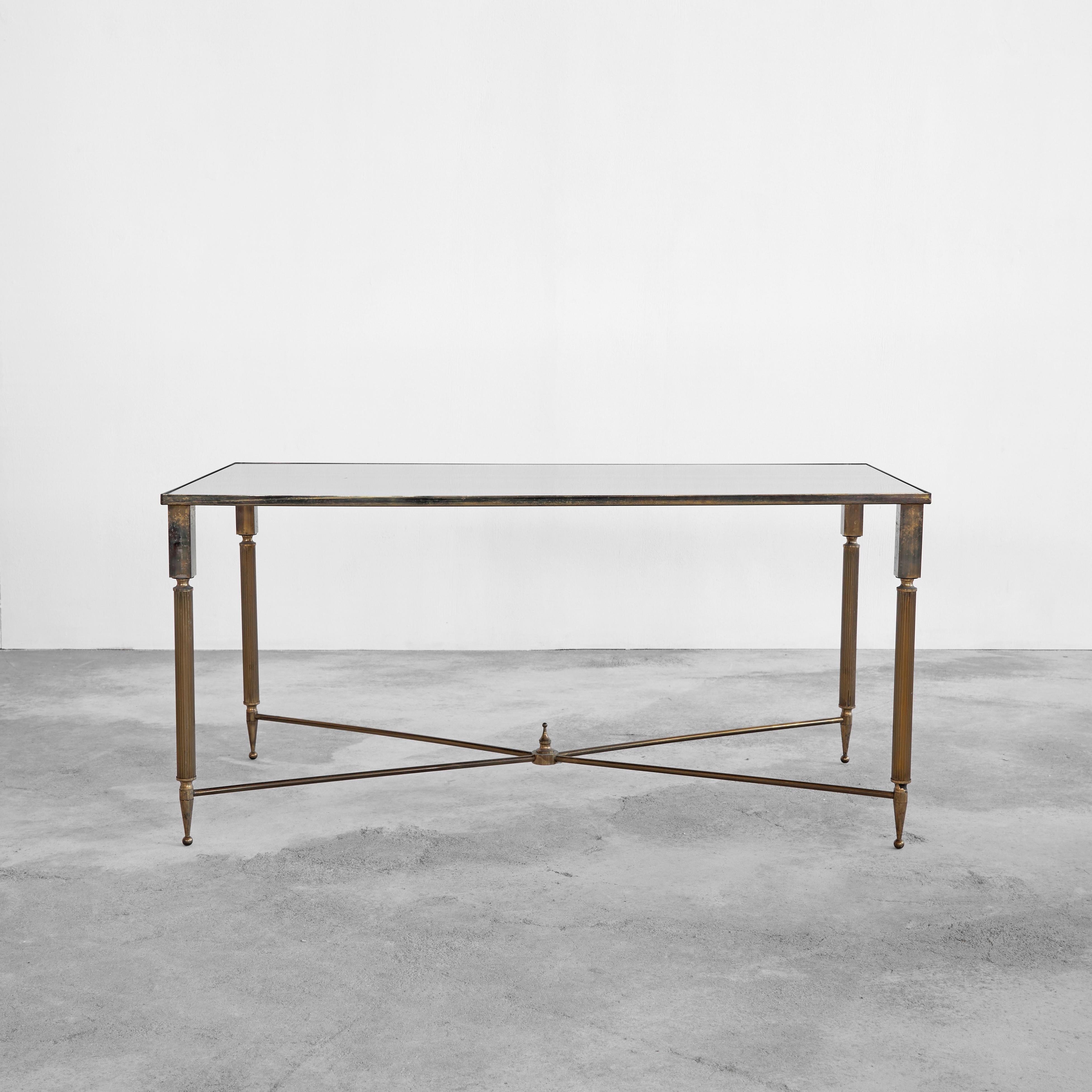 French Maison Charles Coffee Table in Patinated Brass and Mirror Glass, 1960s For Sale