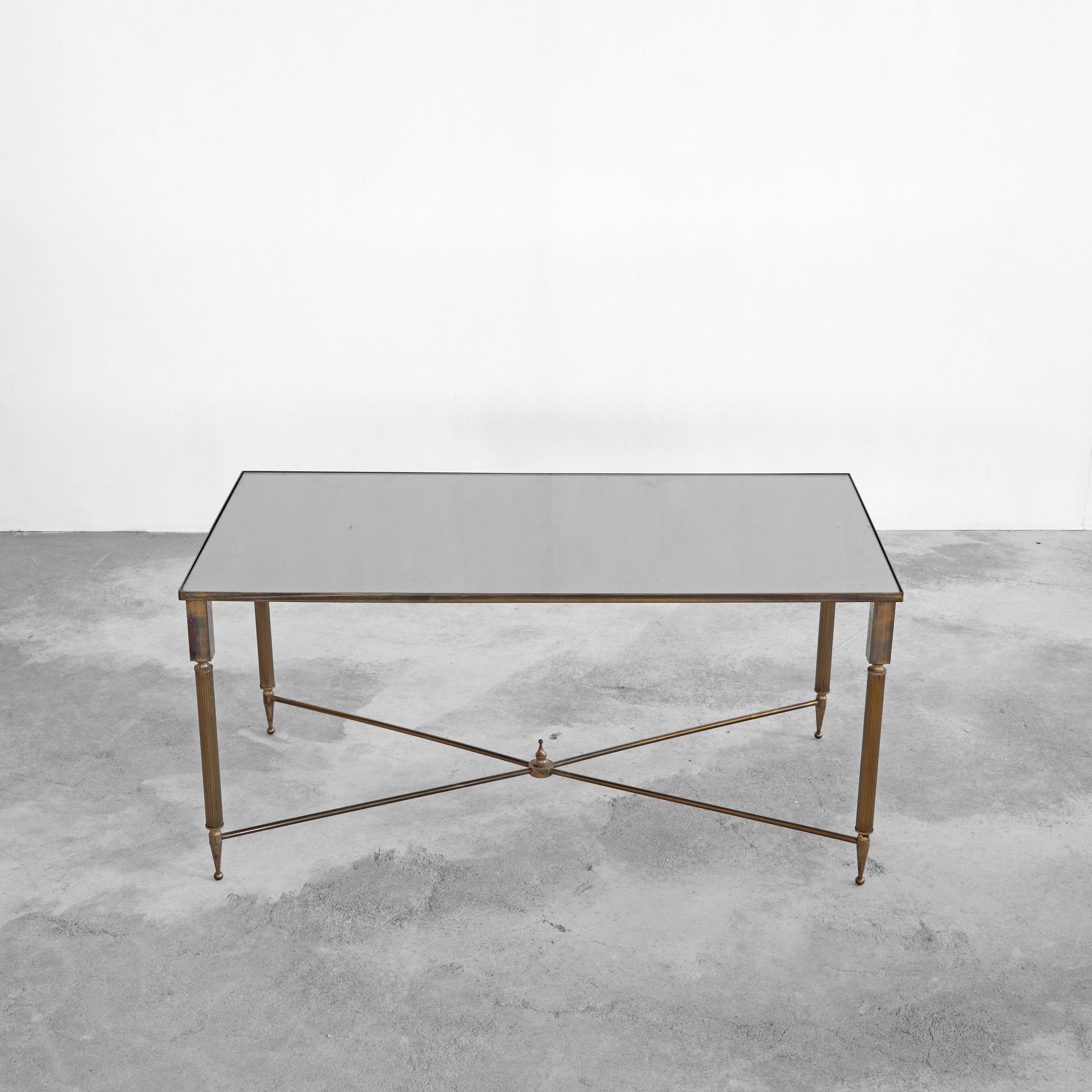 Hand-Crafted Maison Charles Coffee Table in Patinated Brass and Mirror Glass, 1960s For Sale
