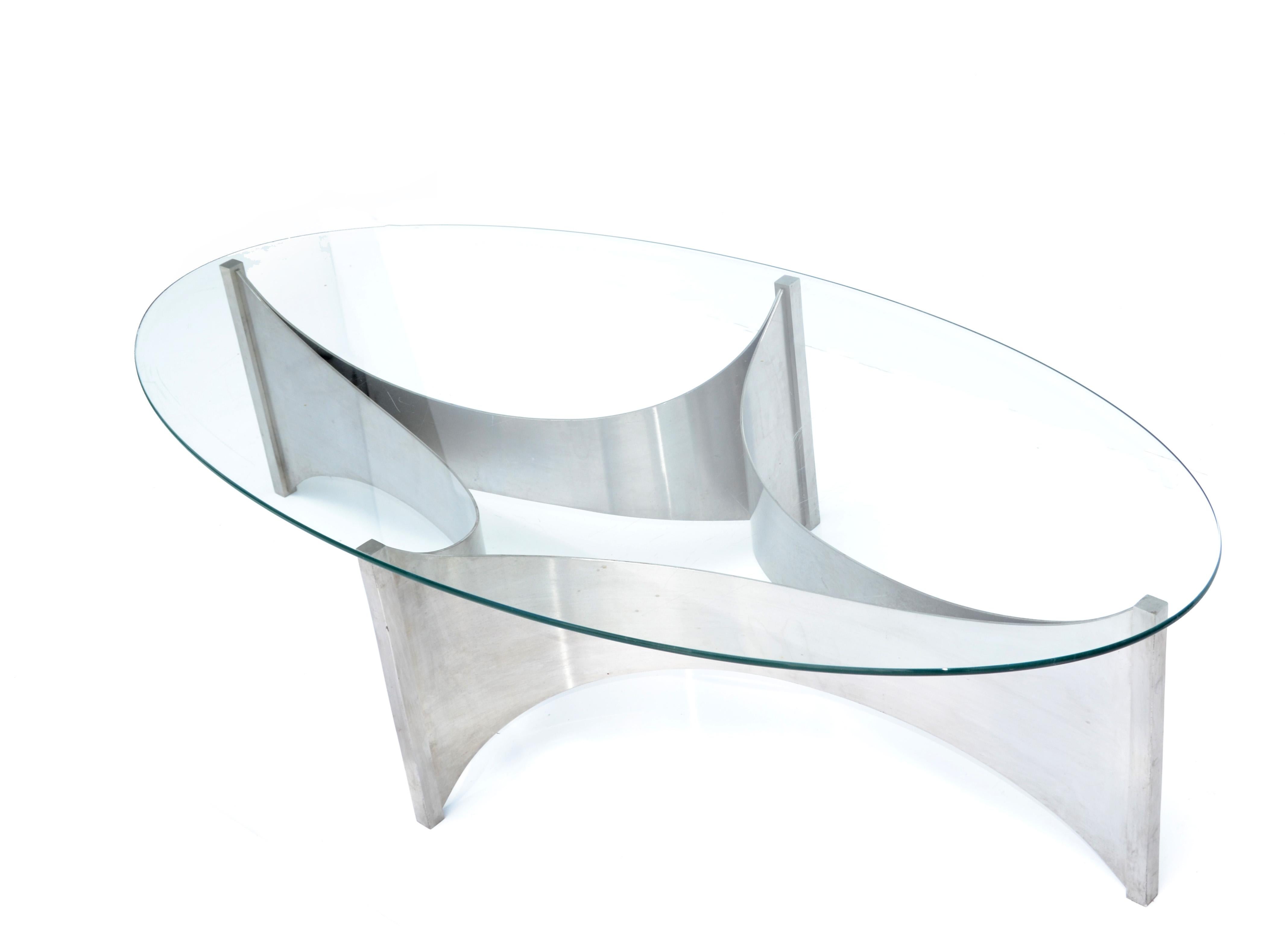 Maison Charles et Fils 'Voiles' Brushed Stainless Steel Coffee Table France 1980 5